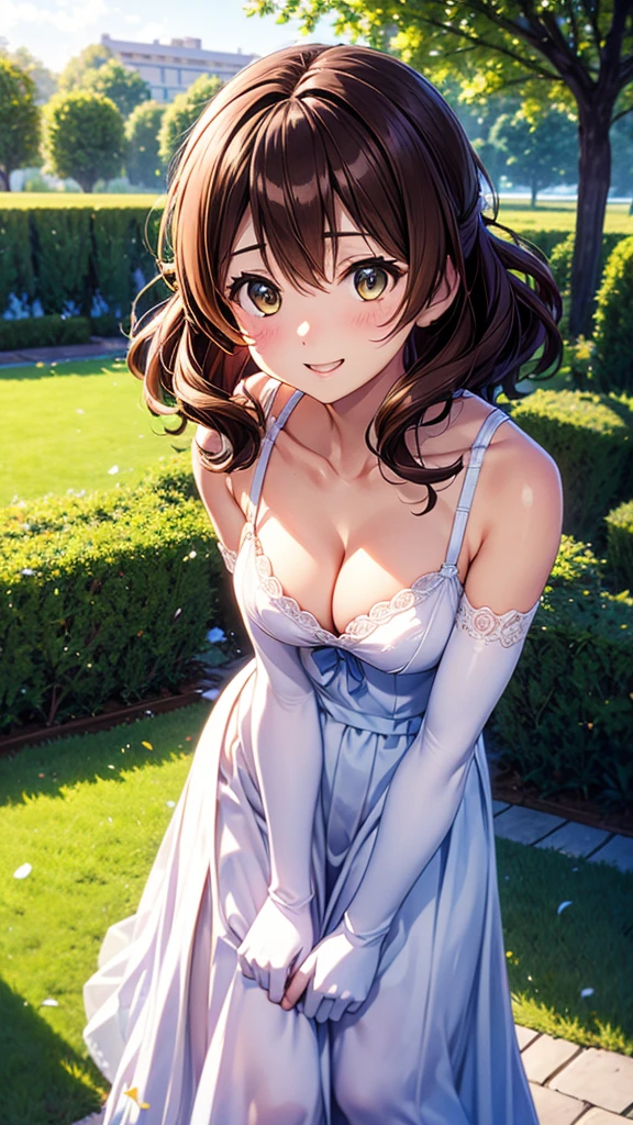 High resolution, highest quality, super high quality,3D Images、Kumiko、3D Images、beautiful flower々Garden in full bloom、Brown Hair、Wavy Hair、Very detailed CG Unity 8k wallpaper, [3D Images:1.15],Attractive eyes、[[Detailed eyes、Colorful eyes、Shining Eyes:1.15]], , Very detailed,Thin fingers、Front view、Cinema Lighting、Yellow before＿Kumiko、、Absolute References、 garden、Wedding Lingerie、Arm-length wedding gloves、、Cute Smile、Long skirt、Cowboy Shot、Cleavage、Naked Girls