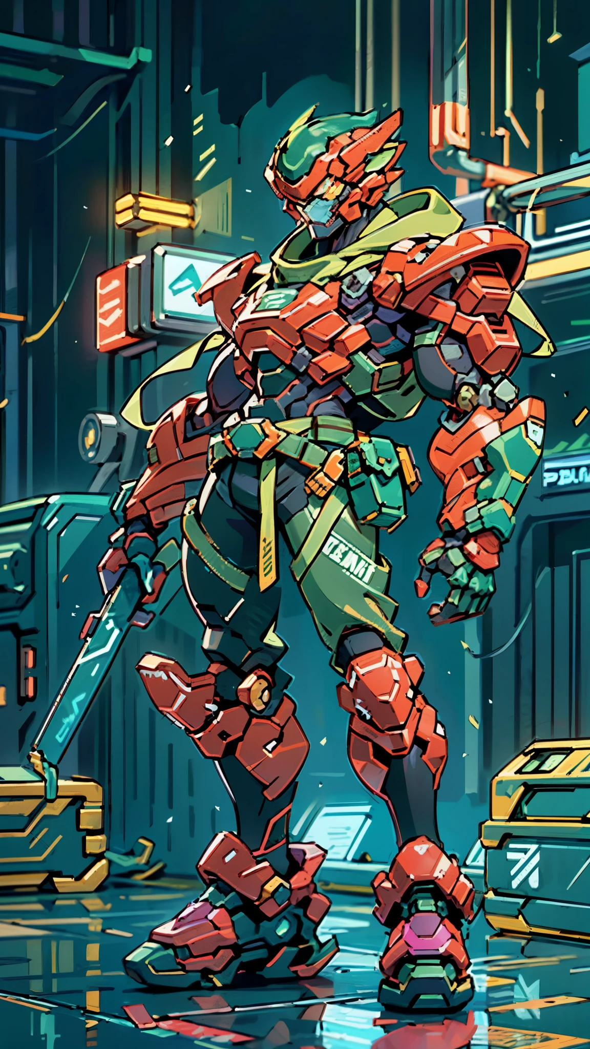 A man wearing a full-face helmet, a fantasy-style biotech armored combat suit, green eyes, (a composite layered chest armor), fully enclosed shoulder guards, matching arm and leg guards, the belt is adorned with exhaust pipes, (the color scheme is primarily black glow with green and red accents), the design balances heavy with agility, a high-tech bio-mecha armor, (Armor Concept Inspired by Cyberpunk motorcycle, stand on the top of a skyscraper in a futuristic sci-fi city), this character embodies a finely crafted fantasy-surreal style armored hero in anime style, exquisite and mature manga art style, (battle damage, element, plasma, energy, the armor glows), ((male:1.5)), metallic, real texture material, dramatic, high definition, best quality, highres, ultra-detailed, ultra-fine painting, extremely delicate, professional, perfect body proportions, golden ratio, anatomically correct, symmetrical face, extremely detailed eyes and face, high quality eyes, creativity, RAW photo, UHD, 32k, Natural light, cinematic lighting, masterpiece-anatomy-perfect, masterpiece:1.5