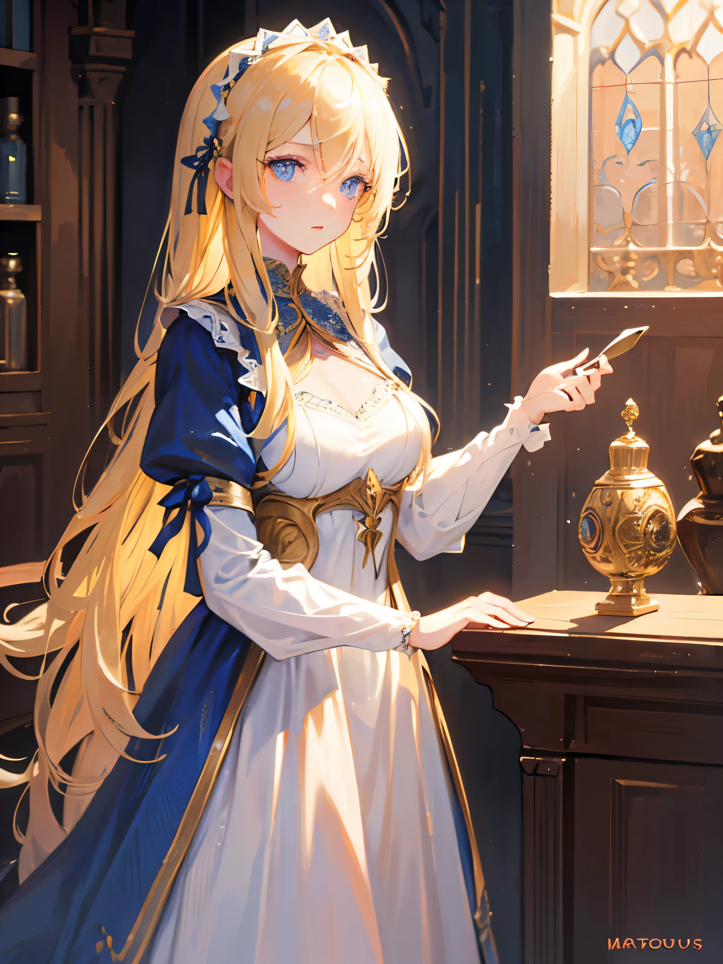 1girl, blonde hair, long hair, Blue eyes, (detailed face), (dress), medieval, (medieval room bakcground), masterpiece, (serius expresion), (mature), (beautiful), ((detailed eyes))