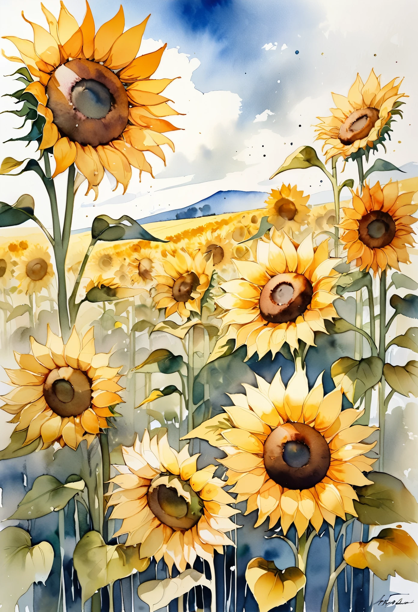 best quality, super fine, 16k, delicate and dynamic, superb watercolor landscape painting, just a field of sunflowers, modern and retro, pop and classic, new and old, learning from the past, (magnificent view:1.3) , (watercolor techniques, bleeding, layering, dry brushing, sputtering, dripping, gradation, wiping)