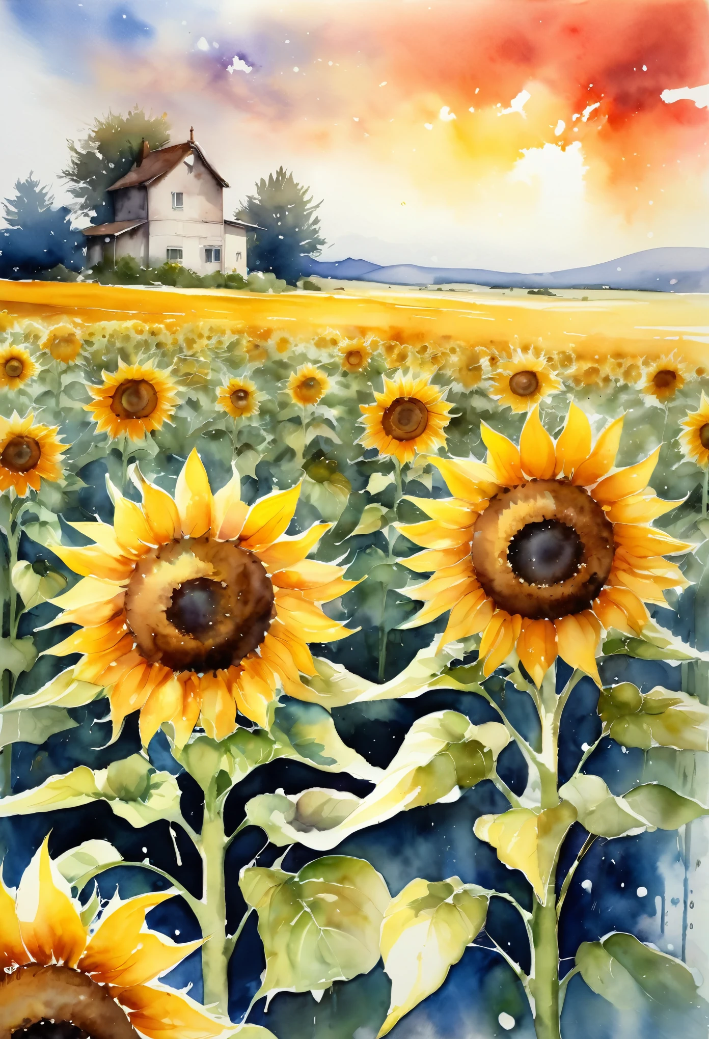 best quality, super fine, 16k, delicate and dynamic, superb watercolor landscape painting, just a field of sunflowers, modern and retro, pop and classic, new and old, learning from the past, (magnificent view:1.3) , (watercolor techniques, bleeding, layering, dry brushing, sputtering, dripping, gradation, wiping)