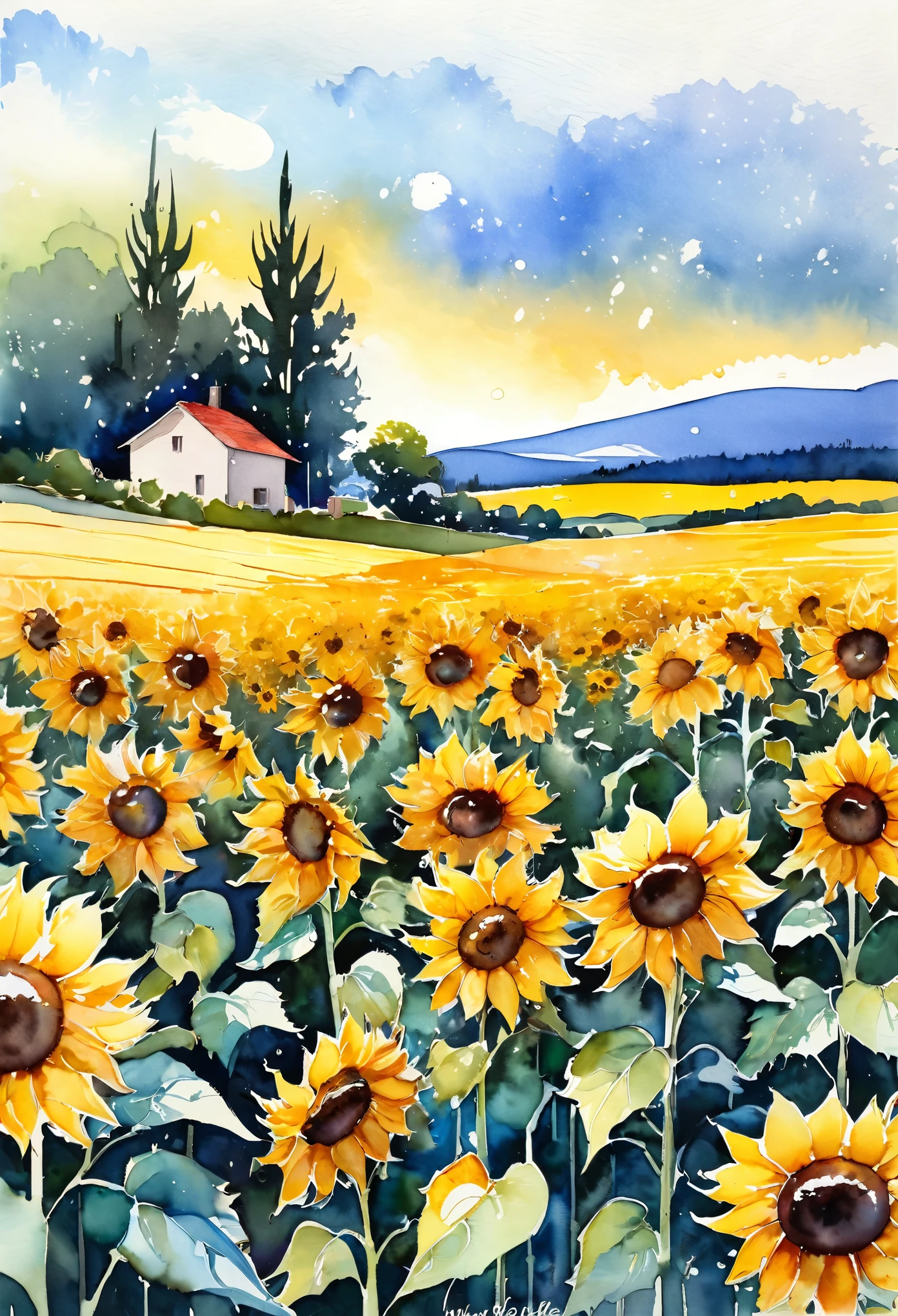 best quality, super fine, 16k, delicate and dynamic, superb watercolor landscape painting, just a field of sunflowers, modern and retro, pop and classic, new and old, learning from the past, (magnificent view:1.3) , (watercolor techniques, bleeding, layering, dry brushing, sputtering, dripping, gradation, wiping)