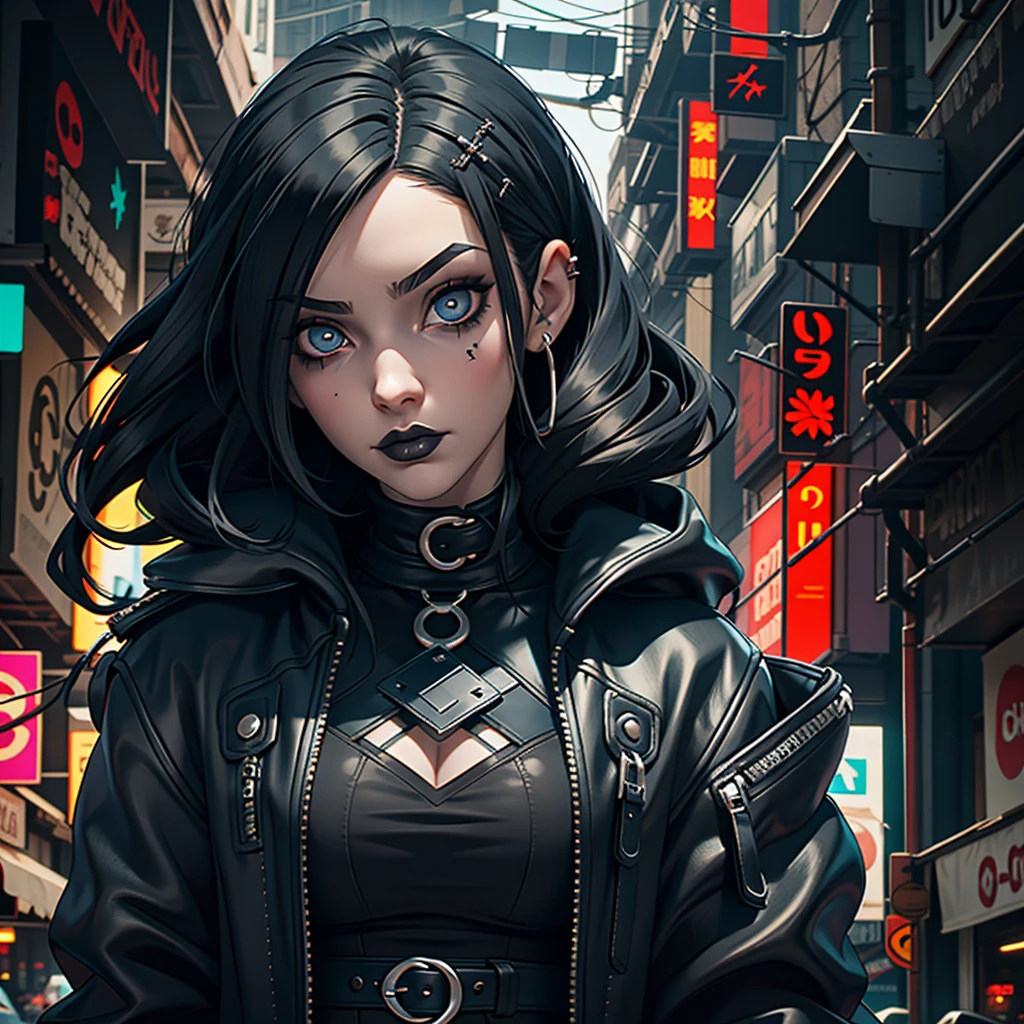 girl, red tattoos, bald, shaved hair, red eyes, black clothes, black goth jacket, Cyberpunk, metal arm,, Cyberpunk Girl, Black Lipstick, 4k