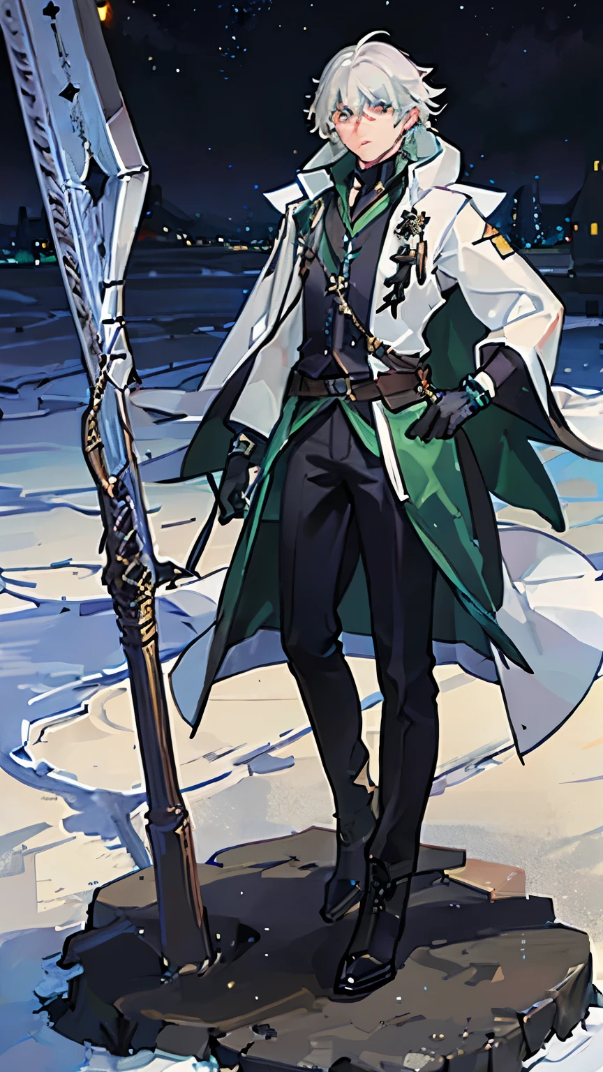 A young man, ice sorcerer, wearing a cloak made of ice, white shirt, green pants, gloves, belt, and boots. Gray hair, gray eyes. (green pants) The prompt is: "A young man, ice sorcerer, wearing a cloak made of crystal, white shirt, green pants, gloves, belt, and boots. Gray hair, gray eyes. (best quality, 4k, highres, masterpiece:1.2), ultra-detailed, (realistic, photorealistic, photo-realistic:1.37), HDR, UHD, studio lighting, extreme detail description, professional, vivid colors, bokeh, portraits, icy blue color palette, ethereal lighting." ((Plano medio))