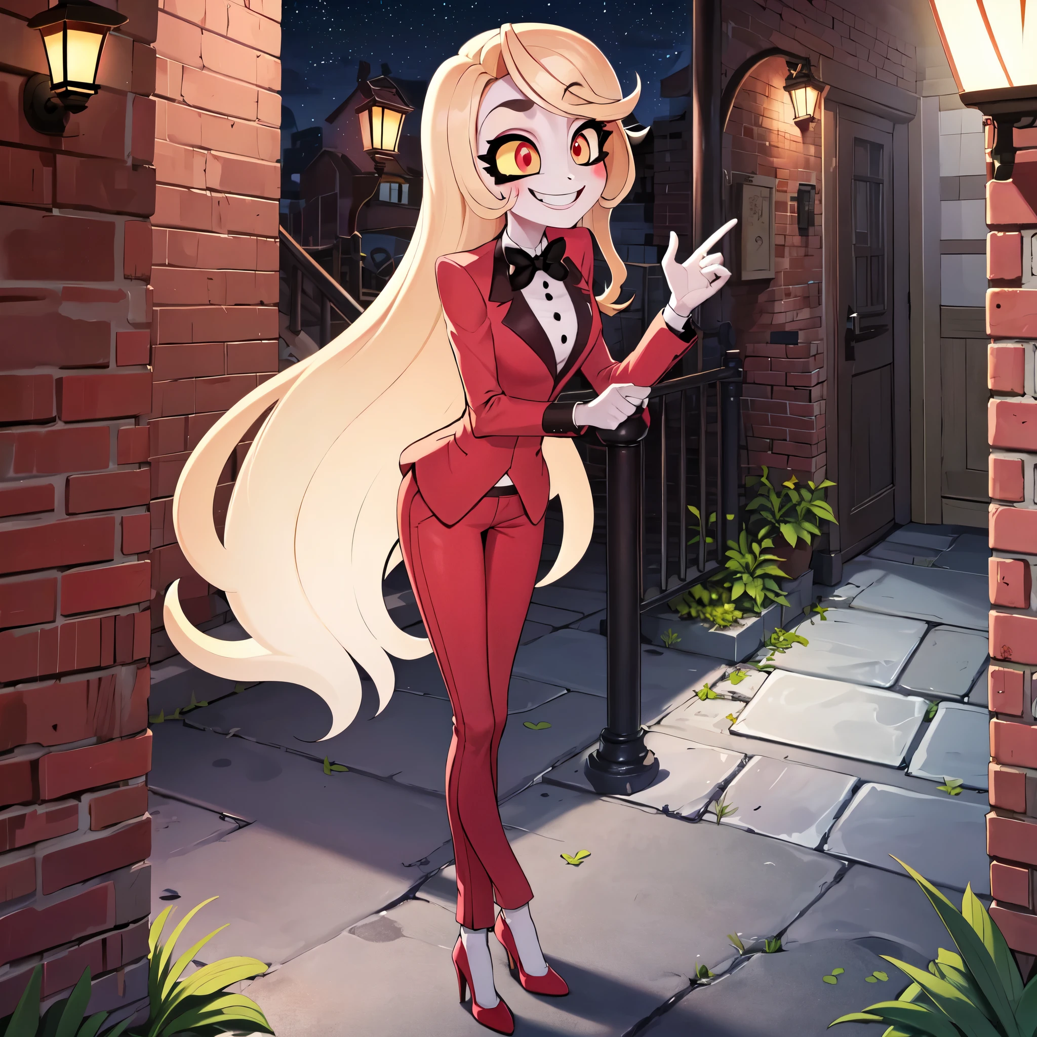 ((best quality)), ((highly detailed)), masterpiece, absurdres, (detailed eyes, deep eyes), (1girl), upper body, charlie morningstar, blonde hair, very long hair, red eyes, (colored sclera), medium breasts, smiling, red jacket, black bowtie, red pants, high heels, white footwear, (outside, alley, brick wall, lamp, midnight, night sky, stars, broken moon)