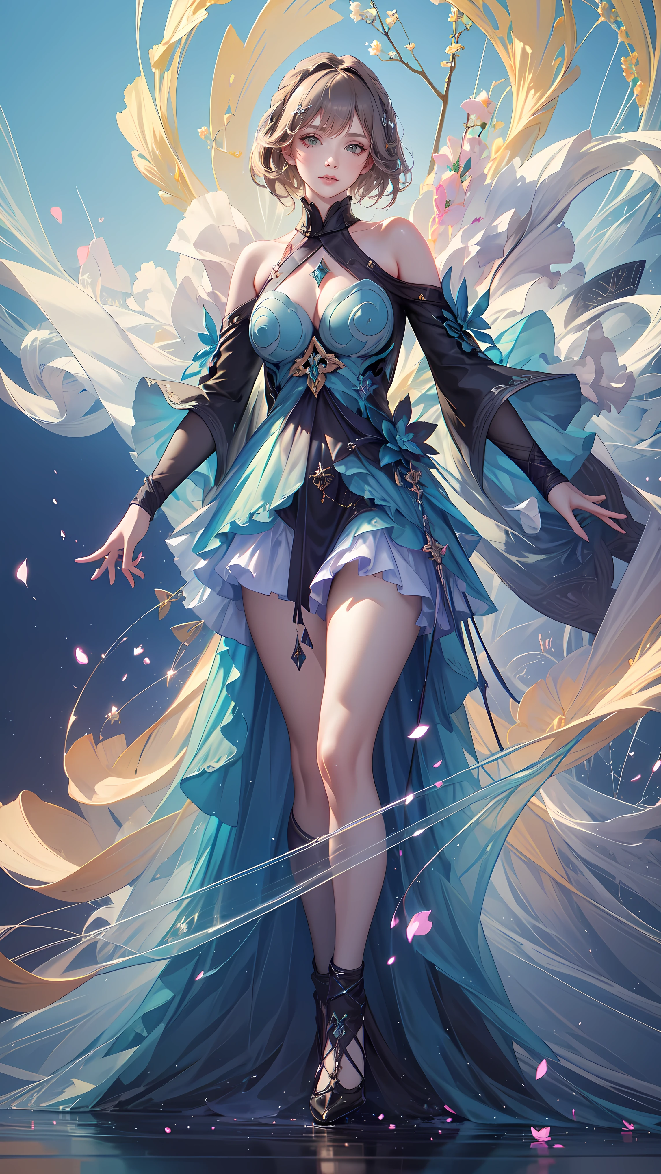 (((FULL BODY POSE))) (((SHOW PANTIES))) (((BIG GIANT BOOBS))) ((ANATOMY CORRECTED)) ((GREEN LUXURY ARISTOCRATIC NOBLE COSTUME)) | A WOMEN WEAR ((SEXY OUTFIT)) (((LIGHT BROWN SHORT HAIR WITH LIGHT HIGHLIGHT))) FLOATING IN THE ((BLUE SKY BACKGROUND)) ((FLOWER PETALS FAILING BACKGROUND IS A BLUE SKY)))) HORIZON PLANET FULL OF (((STARS))) | big eyes, ((big boobs)) sexy pose, big thigh, full body, large breasts, open legs, show panties, smile, portrait knights of zodiac, extremely detailed ((pixiv arts)), high detailed official artwork, [ tarot card ]!!!!!, detailed key anime art, knights of zodiac anime, beautiful celestial mage, firefly from honkai star rails, full body | (dynamic angle:1.1), outline, ((thick line art)), cover, stylish, official art, (details:1.2), (fantasy), garden, (bloom:1.1), glow:0.2, shadow, nature, flower, splash water, crystal, snowflakes, particles, bokeh, anamorphic light (depth of field), sharp focus, (volumetric lighting), (bokeh:0.6), film grain:0.4, (soft lighting:1.1) (VIGNETTE:1) | high-quality, ultra-detailed illustrations, ultra-high resolution, (high resolution, overwhelmingly pixel-perfect, luxurious illustration), (Ultra Quality, Masterpiece, Ethereal:1.4) photorealistic:.1.4, UHD (8k, RAW photo, best quality, masterpiece:1.2)