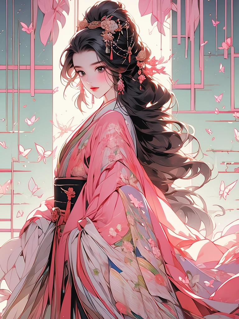 juunihitoe，(masterpiece, highest quality, highest quality，aesthetics:1.2)，From the side，Esbian all over，1300 years ago，Japan_Heian period，noble，１Beautiful Princess，Beautiful Skin，(Straight Hair　Long beautiful black hair　wealthy)，Beautiful round eyes，(kimono　Gentle pink hue　The beauty of layered colors)，Silk luster，Layered collar，Wide sleeves，Long hakama hem，dream-like，Elegant，highest quality，Beautiful graphics, Ultra Detail，butterfly，Fresh，The background is minimal，Image of a transparent robe，Beyond eternity