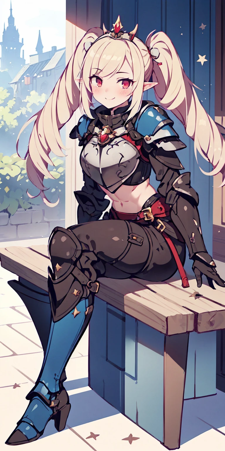full body sitting on a bench showing ass to me, BLUE breastplate, BLUE skin (1girl)(BLUE skin:1.2) looking at viewer, shiny, armor, thigh highs, high boots, pauldrons shoulder armor, faulds, poleyn, gloves, gauntlets, rerebrace armored boots, (masterpiece, best quality, ultra-detailed, best shadow) yordle pointy ears muscular lean platinum blonde long twin-tails hairstyle at the office lustful smirking smile face red blushed, blush, strong abs, female body builder, tiara, twin drills hair