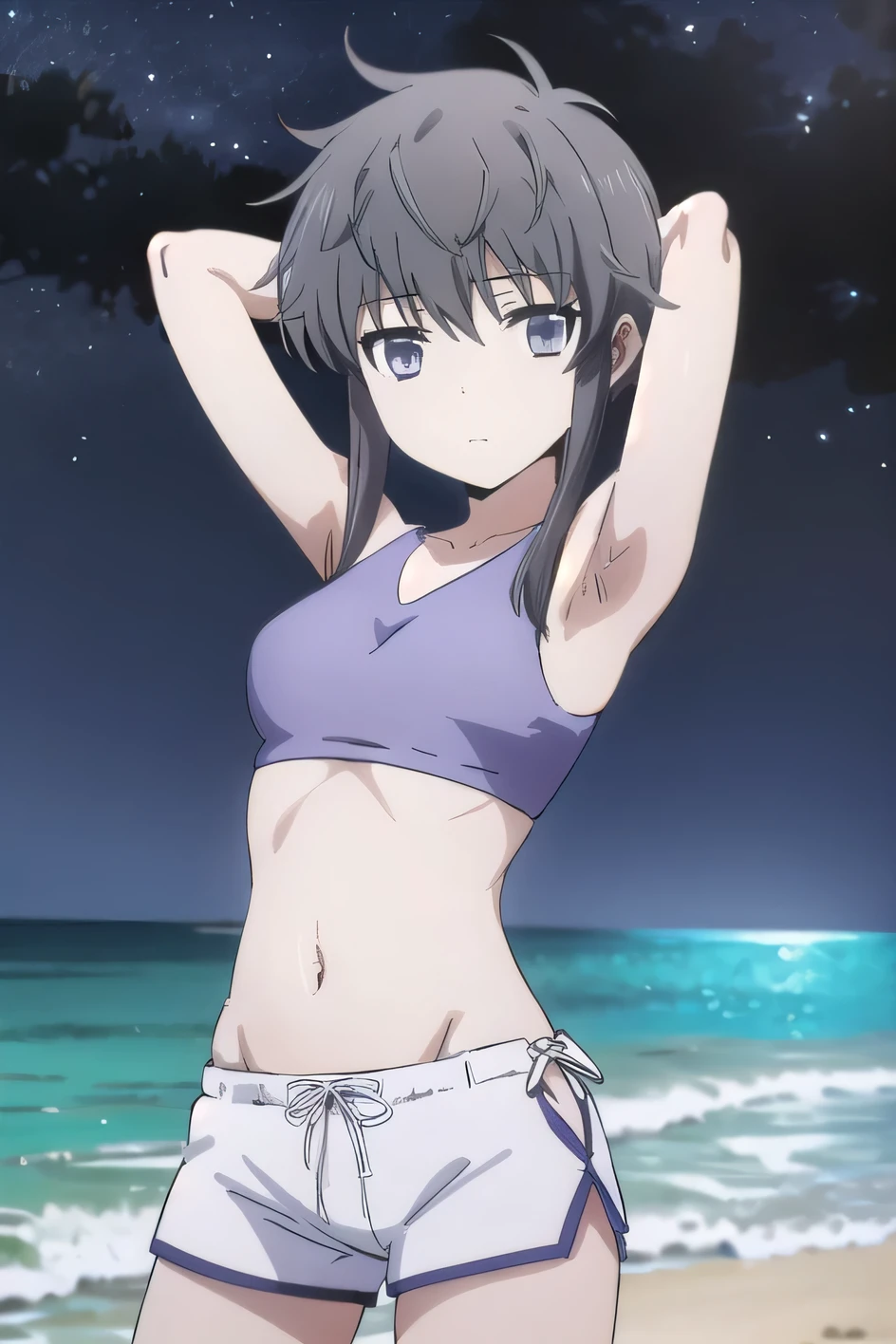 best quality,alone, One person, View your viewers, 2D, anime, anime coloring, Shizuku Kiyayama, , (Cowboy Shot:1.5), alone, Night Sky, Beach, Put your arms behind your head, Contrasting, Spread your arms, View your viewers, Highest quality, Mouth closed, Expressionless,nsfw,NUDE