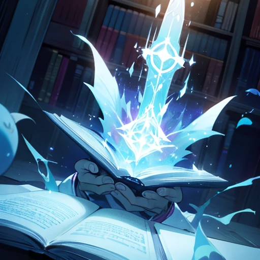 Wizard casting magic in front of book , magic scene , front perspective