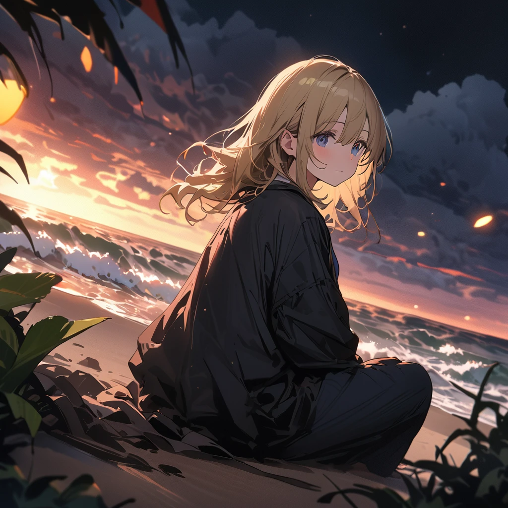 (masterpiece, highest quality: 1.2), 超detailed, Cinema Lighting, High resolution, shape, landscape, One Girl, (Soft colors), Post-apocalyptic beach, night, Desolate atmosphere, Girl sitting on the sand, The plants are covered, (cloudy), Waves crashing on the shore, (Depressing but hopeful), A moment of quiet rest, (detailedなテクスチャ), Windblown Hair, nightはcloudy、(highest quality、masterpiece、High resolution、detailed)、animeスタイル、Flat Style、(Beautiful Eyes, Delicate and beautiful face, ), break,、extremely detailed、High saturation,Dynamic Angle、anime