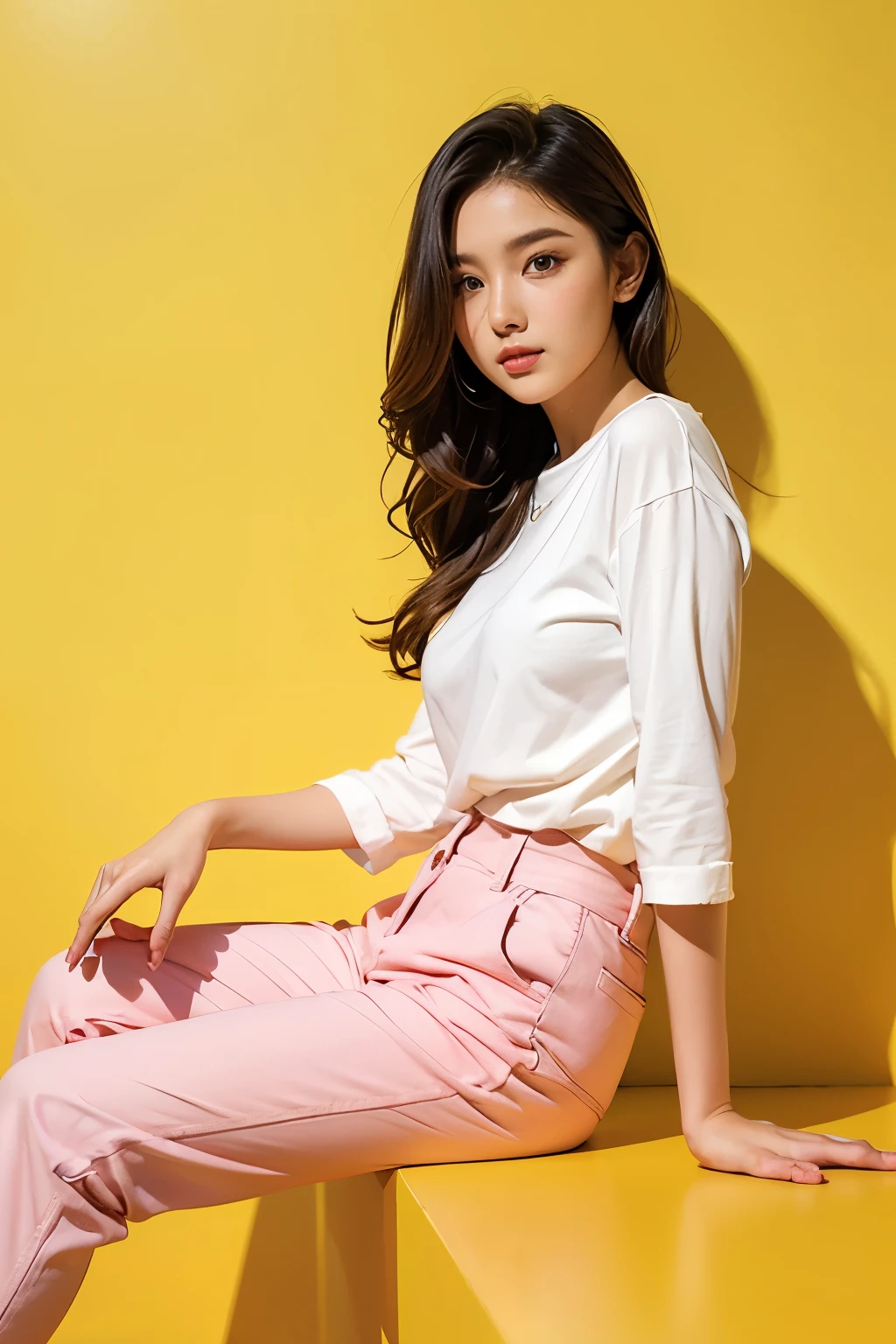 Beautiful woman sitting on yellow floor wearing white shirt and pink pants, white wall, magazine pose,