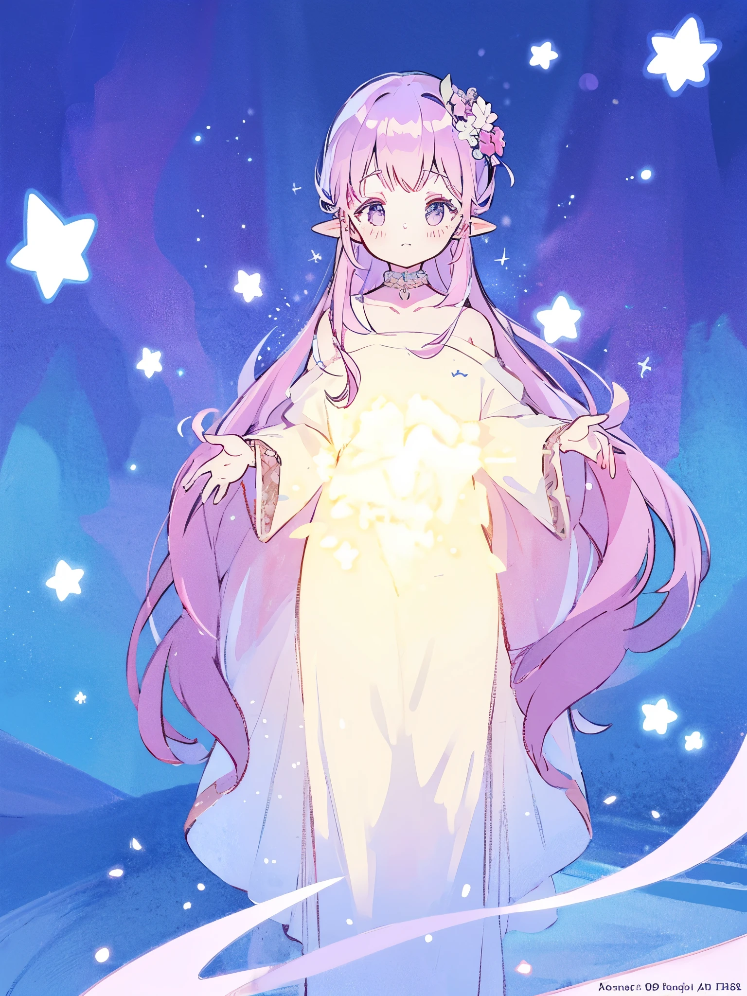 complex background, wishing star background, a woman wearing an ethereal mystical pink translucent dress that reflects the stars, perfume promo art, mystic, complex drawing, highly detailed, Covergirl brand, promo art, artistic rendition, ethereal, starry night, midjourney style