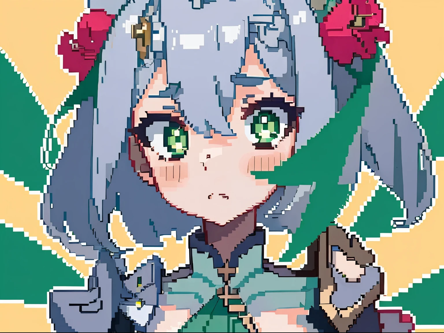 masterpiece, high quality, hcnone, pixel art, 1girl, noelle genshin impact, silver hair, green eyes, simple gold color background