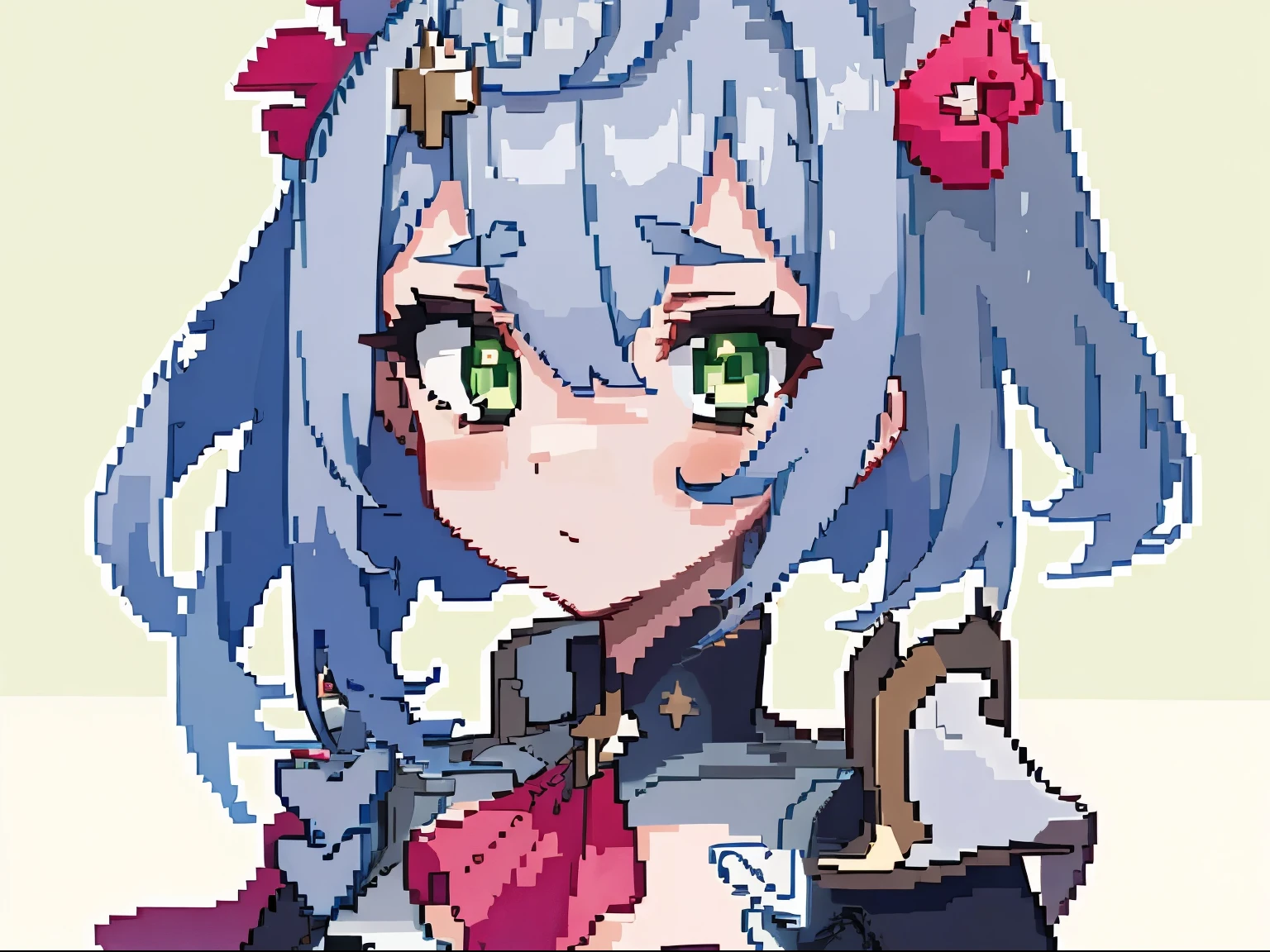 masterpiece, high quality, hcnone, pixel art, 1girl, noelle genshin impact, silver hair, green eyes, simple gold color background