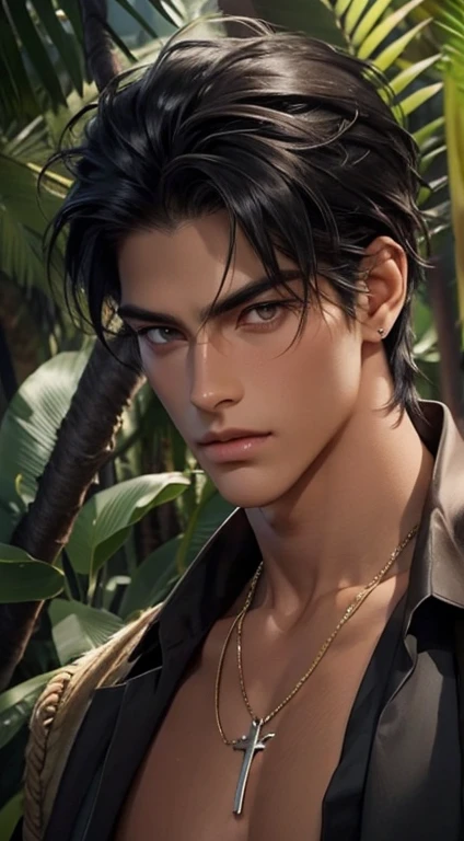 1 boy,Handsome,tall and strong,perfect male figure, eyes looking at camera, ((tanned skin)),forest,primitive,feather hair accessories,Oil paint on the face,black hair,serious expression,Beast tooth necklace,Ray tracing. Half human half horse.