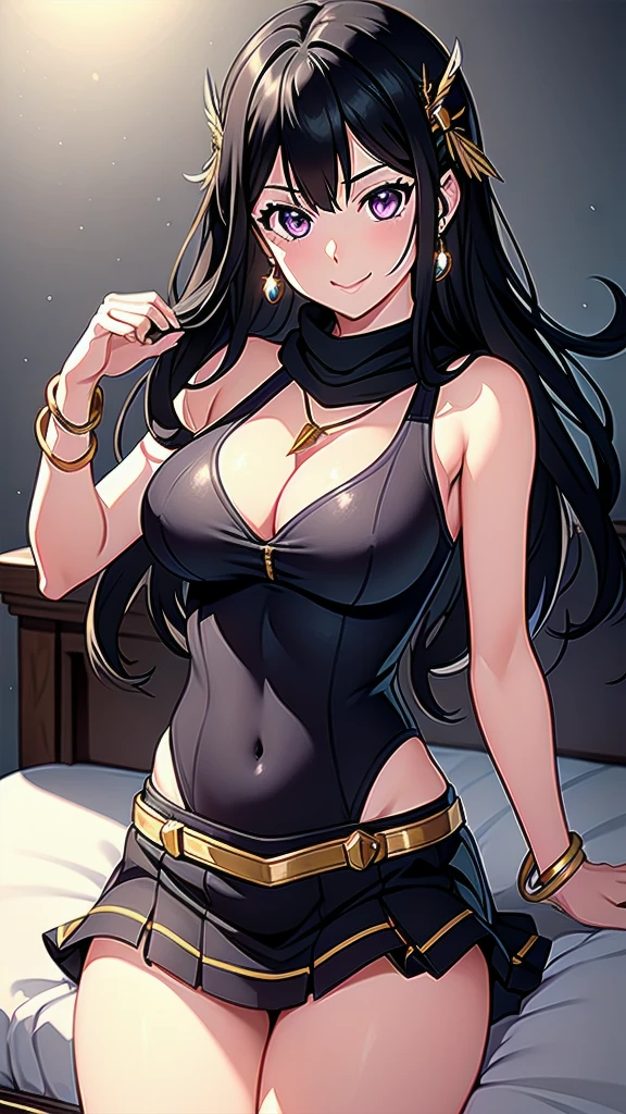 masterpiece, best quality, 1 solo girl, black hair, purple eyes, long hair, medium breasts, sexy body and face, wavy hair, smile, sleeveless shirt, scarf, black thigh-high, mini skirt, pendant, bracelet, jewelry, earrings, feather hair ornament, book, lying at the bed, night, sexy pose, cowboy shots, detailed body, face, and eyes, sharp focus, vibrant, creative, dynamic, high definition, high resolution, 8k, (Upscale: R-ESRGAN 4x+ Anime6mage enchance:4x), voluptuous body, cinema lightning, dakimakura style, looking at the viewer,