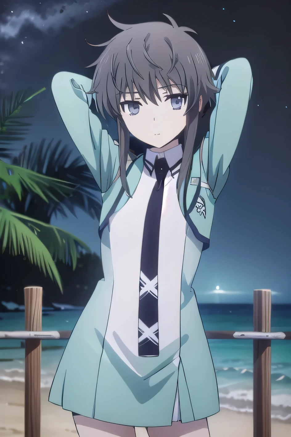 solo, 1girl, looking at viewer, 2D, anime, anime coloring, shizuku kiyayama, jacket, necktie, (cowboy shot:1.5), solo, night sky, beach, arms behind head, contrapposto, spread armpits, looking at viewer, best quality, closed mouth, expressionless