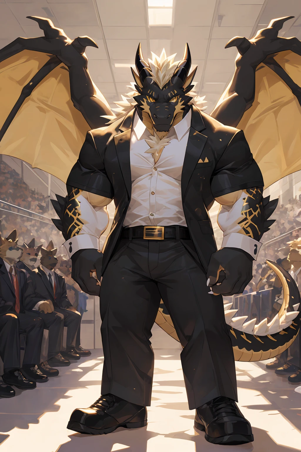 male focus, security guard, Handsome 1boy, solitary, protrait photo,single, (White Paws, White nails:1.4), (Long blond hair:1.2), (Black and gold dragon wings:1.2), Black and gold skin, Black and gold dragon tail, (Black and gold dragon horns, Black and gold horns:1.3), (Perfect black and gold eyes, Black and gold body, Black scales, black scales, black ear:1.3), Western Dragon, dragon, dragon boy, dragon body, (big eyes, large eyes:1.3) , Golden tattoo, Dragon Scale,
Wearing black short sleeves, Wearing a white short-sleeved shirt, Black trousers, Black short shoes, Black leather belt, Black hat, Black brim,
(full body:1.2), Front view, (Mature men:1.1), (muscle,Strong male, muscle男, Exposed chest muscles:1.2), Abdominal muscles, (Thick thighs:1.1), (Standing:1.3), (Looking at the audience, Focus, Eyes gaze:1.3), (Smile:1.2), (Slightly bow your head 1.3),
full background, Blue sky, White Cloud, ground, School, School gate, security guard亭,
Mysterious and romantic atmosphere, Caustic lines(refraction, polarization)Perfect anatomical structure, absurd, Detailed background, Delicate eyes,Printing style。(artist:Takemoto Arashi)
