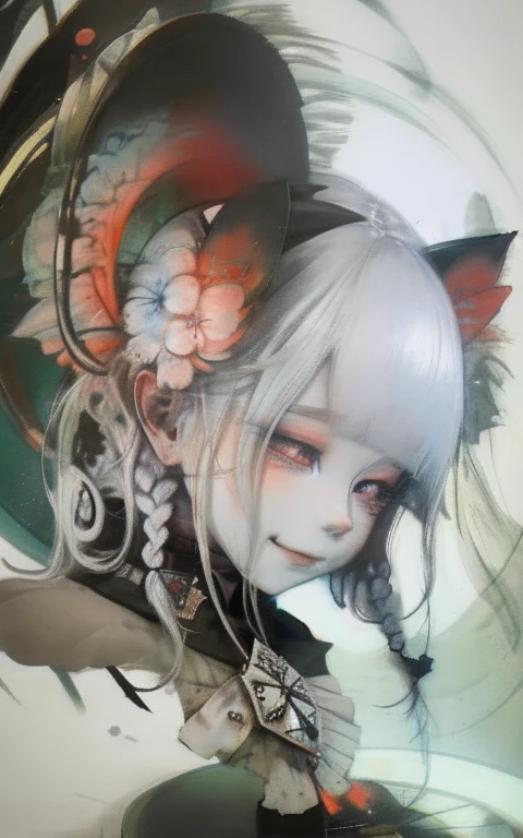 animal illustrations,mixed species,different kinds of animals,various species,diverse animals,digimon evolution，Ultimate Evolution，perfect body，ultimate body，horse，There is personification，digimon evolution，Ultimate Evolution，perfect body，ultimate body，UFO，There is personification，There is a cat girl,1 female\(Red Cliff,Lovely,Kawaii,10 years old,Hair color: white,Braided hair,messy hair,Dark eye color,closed eyes smile,White skin,A big smile,enjoy,whole body,Wearing the black robe of the Grim Reaper,Holding a sickle and a skull,Skip,Flower Hair Accessories,white hair\),background\(Black sky,Withered flowers all over the ground,Thick red water\), rest ,quality\(8K,Extremely detailed CG unit wallpaper, masterpiece,high resolution,top-quality,top-quality real texture skin,Surrealism,提high resolution,RAW photos,Best quality,Very detailed,wallpaper\)scenery 