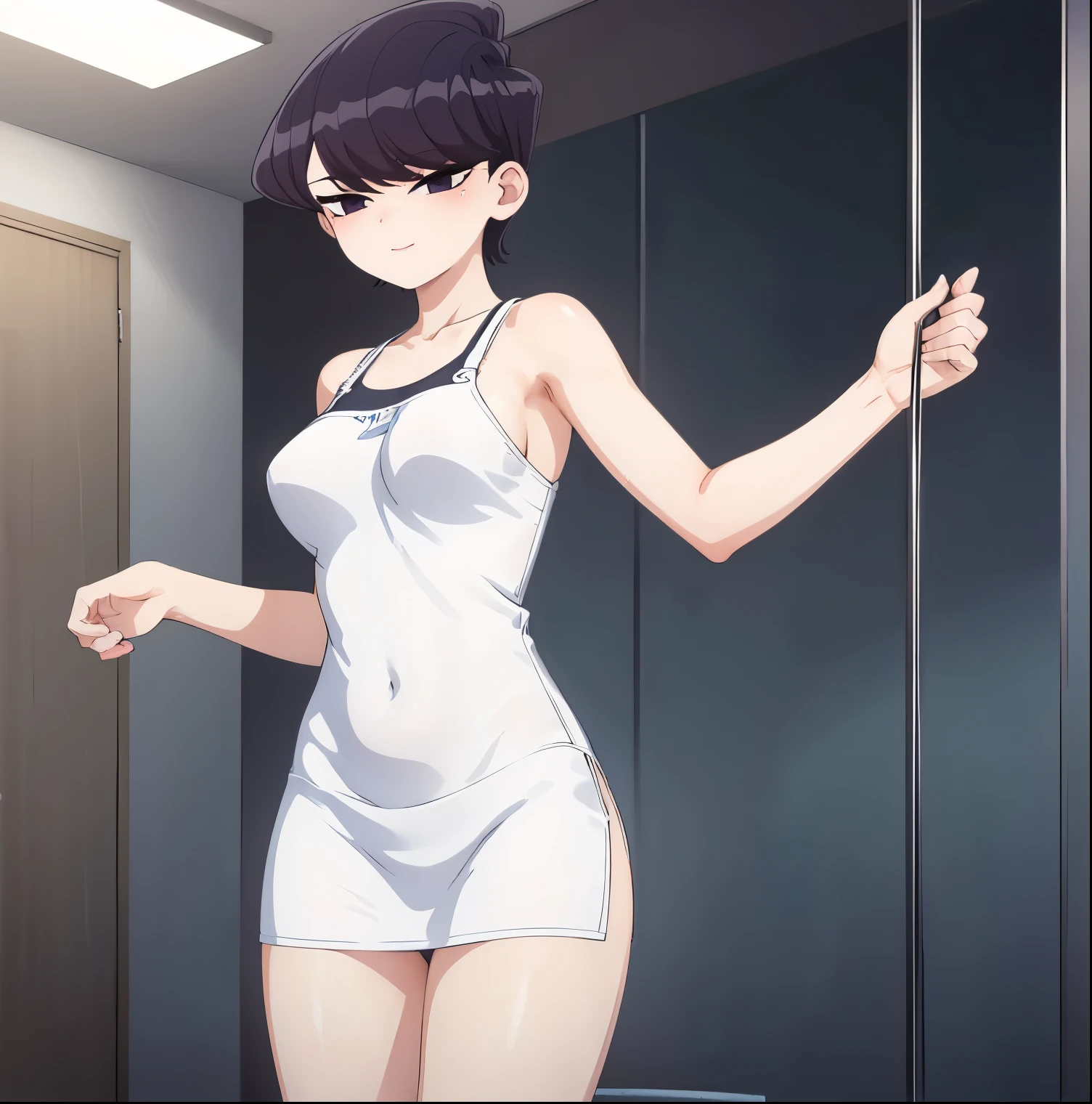 1 girl, alone, komi shuuko, short hair, dark purple hair, parted on the left side of the head, dark purple eyes, smiling, seductive, makeup, light pink lipstick, sexy body, naked, green apron, bare back, big breasts, medium waist, medium hips, medium thighs, round butt, beach, sea, sunny, clouds, standing, facing the viewer, from the front, pov (from below), good lighting, perfect hands, perfect anatomy