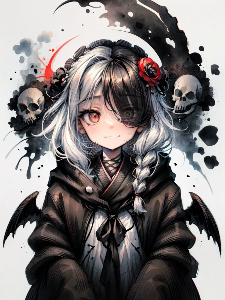Высокое quality, 16K,masterpiece,illustration (Watercolor+Watercolor) Japanese-style, we use three colors(monochrome). One,1 woman\(grim Reaper,Cute,kawaii,Age 10 years,Hair color: white,to braid hair,dirty hair,dark eye color,big eyes,White skin,big smile,enjoy,whole body,wearing the black robe of the Grim Reaper,(BLACK HOOD),HOLDING THE BRAID,MISS,Flower hair decoration,White hair,(Case transparent:0.8),dynamic pose\),Background\((Black Sky:1.5),(skull:1.3),(withered flowers all over the land),(Red water)\), BREAK ,quality\(8K,wallpaper with extremely detailed computer graphics, masterpiece,a high resolution,top-quality,top-quality real texture skin,Hyperrealistic,increase resolution,RAW-фотографии,лучшее quality,very detailed,wallpaper\)