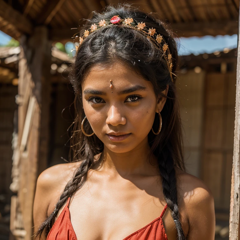 The image shows her with long, wavy black hair, often styled in a bun or adorned with typical Malagasy flowers. Her eyes are large and expressive, deep brown. She wears a colorful lamba, a traditional Malagasy fabric, elegantly draped around her body. Tiana also wears a necklace of local pearls or semi-precious stones. Her appearance reflects the beauty and cultural diversity of Madagascar.
The photo must be taken from the front