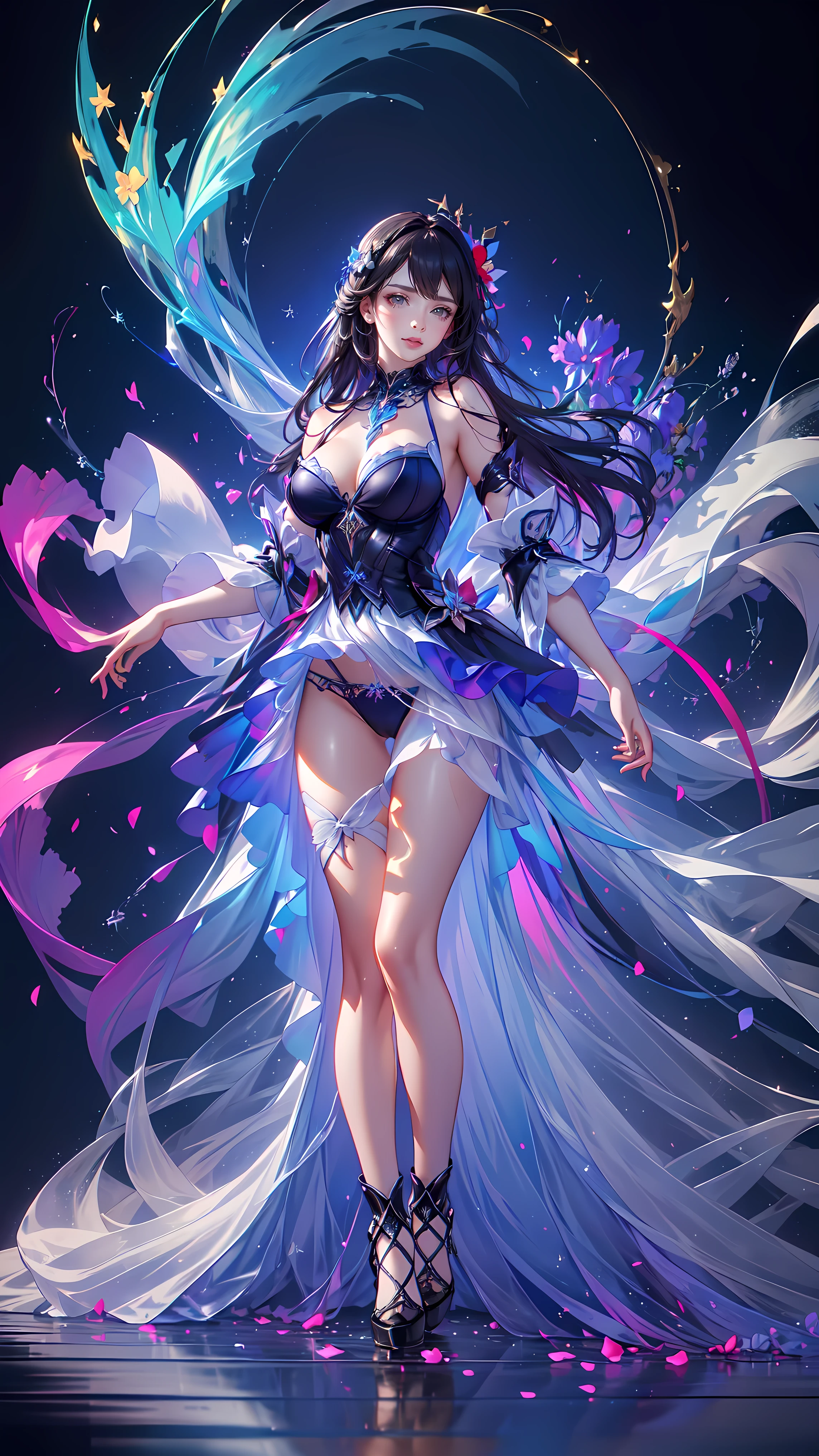 (((FULL BODY POSE))) (((SHOW PANTIES))) (((BIG GIANT BOOBS))) ((ANATOMY CORRECTED)) ((RED BLUE  LUXURY ARISTOCRATIC NOBLE COSTUME)) | A WOMEN WEAR ((SEXY OUTFIT)) ((BLUE LONG HAIR WITH RED HIGHLIGHT)) FLOATING IN THE ((BLUE SKY BACKGROUND)) ((FLOWER PETALS FAILING BACKGROUND IS A BLUE SKY)))) HORIZON PLANET FULL OF (((STARS))) | big eyes, ((big boobs)) sexy pose, big thigh, full body, large breasts, open legs, show panties, smile, portrait knights of zodiac, extremely detailed ((pixiv arts)), high detailed official artwork, [ tarot card ]!!!!!, detailed key anime art, knights of zodiac anime, beautiful celestial mage, firefly from honkai star rails, full body | (dynamic angle:1.1), outline, ((thick line art)), cover, stylish, official art, (details:1.2), (fantasy), garden, (bloom:1.1), glow:0.2, shadow, nature, flower, splash water, crystal, snowflakes, particles, bokeh, anamorphic light (depth of field), sharp focus, (volumetric lighting), (bokeh:0.6), film grain:0.4, (soft lighting:1.1) (VIGNETTE:1) | high-quality, ultra-detailed illustrations, ultra-high resolution, (high resolution, overwhelmingly pixel-perfect, luxurious illustration), (Ultra Quality, Masterpiece, Ethereal:1.4) photorealistic:.1.4, UHD (8k, RAW photo, best quality, masterpiece:1.2)