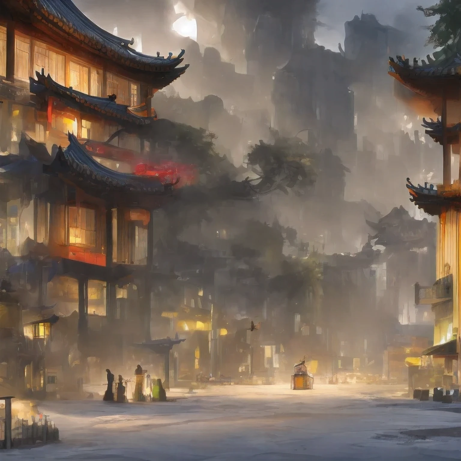 （（（watercolor））））landscape，buildings in a city with a pagoda in the middle of the city, cyberpunk chinese ancient castle, watercolor，stylized urban fantasy artwork, dreamy chinese town, concept art ， highly rendered, game art matte painting, matte painting 4k 8k, cinematic. by leng jun, in a tropical and dystopic city, 8k matte painting, 8 k matte painting，（（（watercolor）））