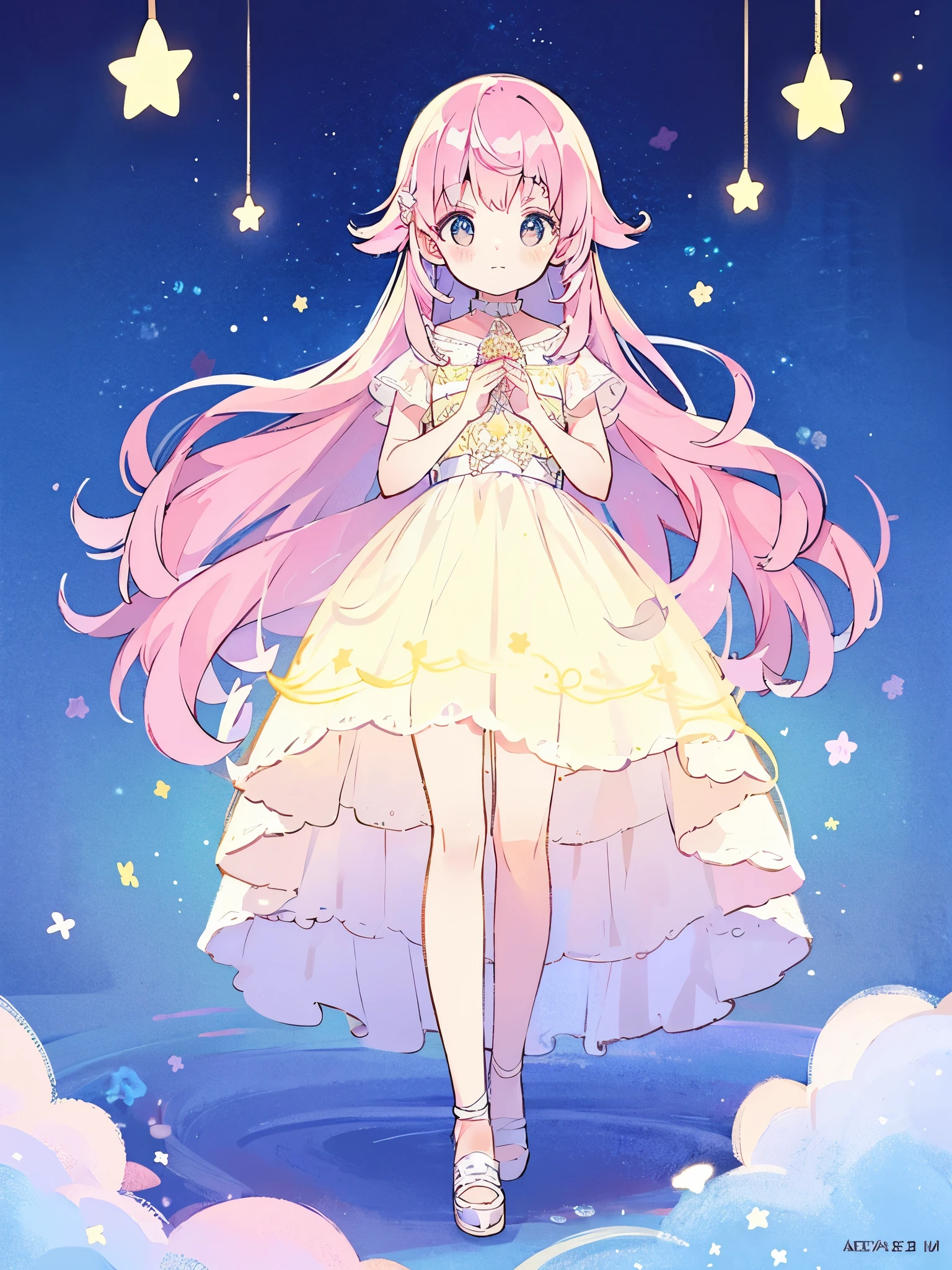 complex background, wishing star background, a woman wearing an ethereal mystical pink translucent dress that reflects the stars, perfume promo art, mystic, complex drawing, highly detailed, Covergirl brand, promo art, artistic rendition, ethereal, starry night, midjourney style