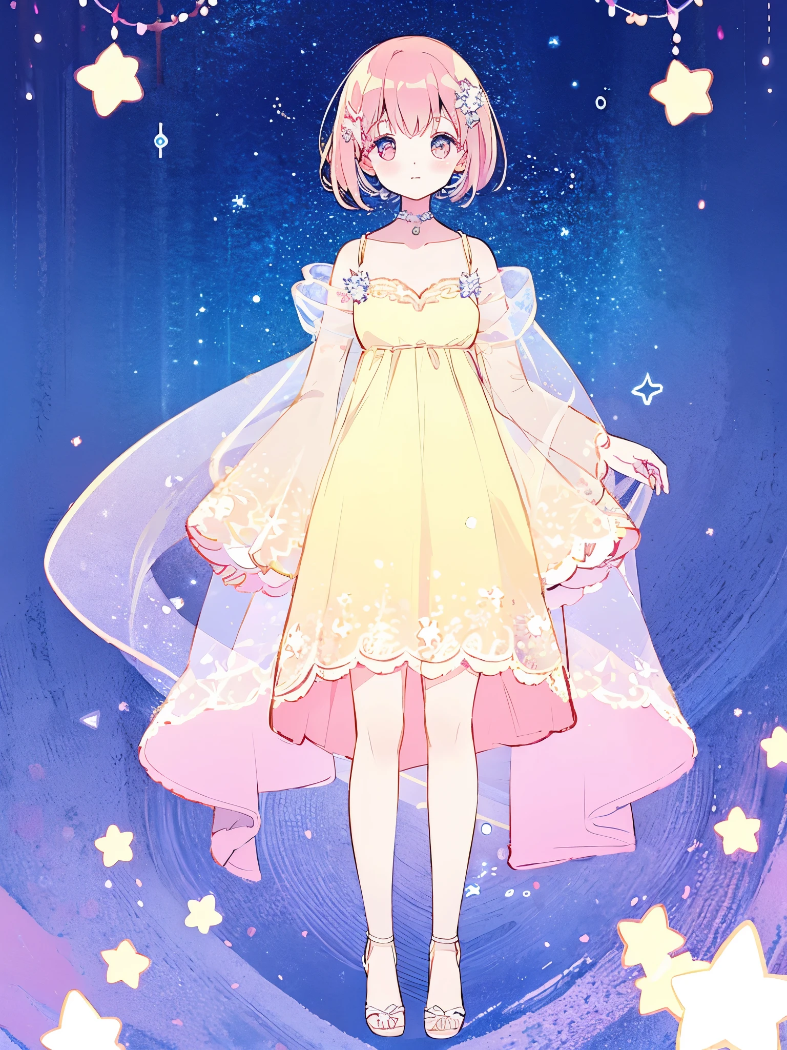 complex background, wishing star background, a woman wearing an ethereal mystical pink translucent dress that reflects the stars, perfume promo art, mystic, complex drawing, highly detailed, Covergirl brand, promo art, artistic rendition, ethereal, starry night, midjourney style