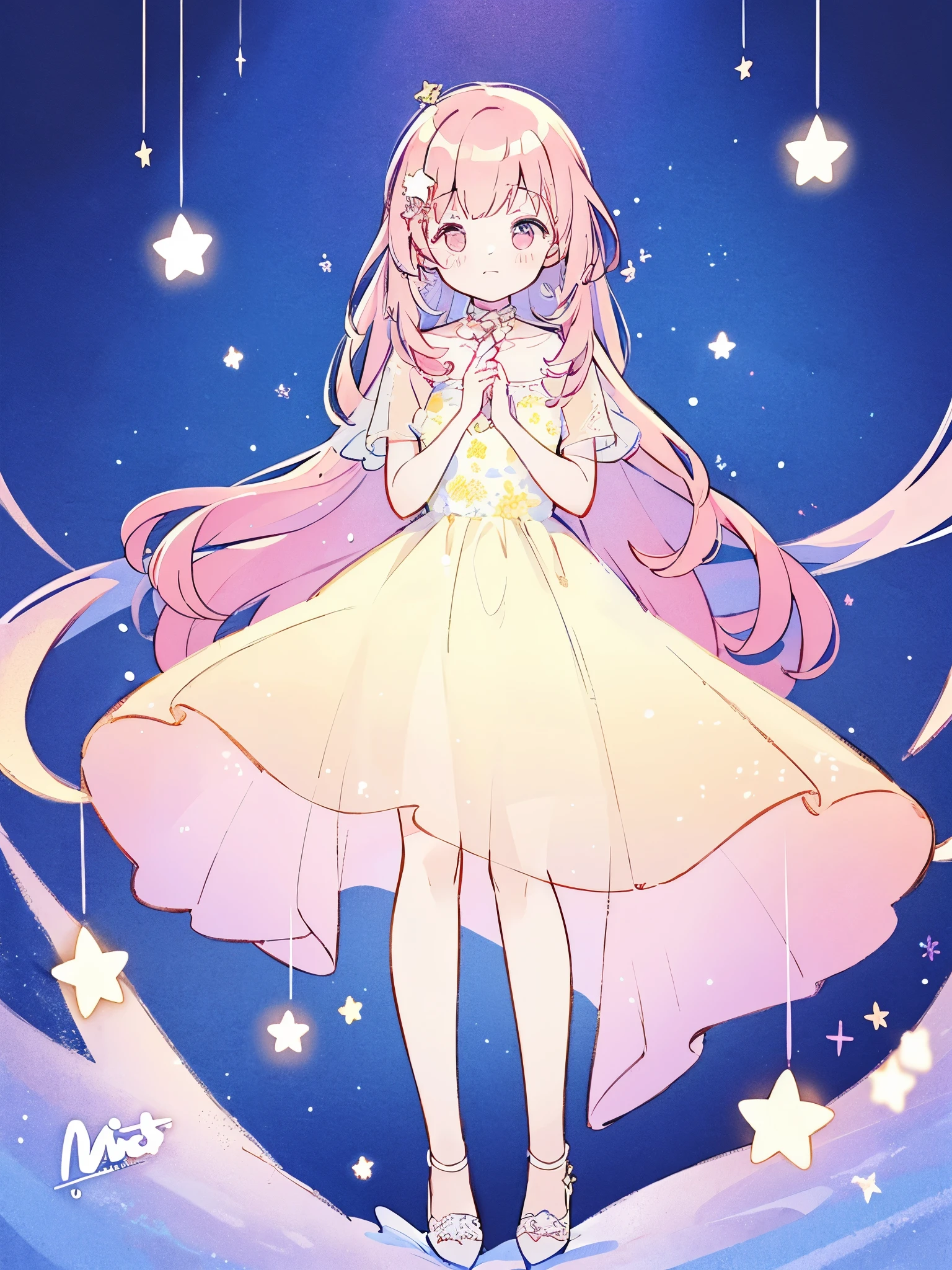 complex background, wishing star background, a woman wearing an ethereal mystical pink translucent dress that reflects the stars, perfume promo art, mystic, complex drawing, highly detailed, Covergirl brand, promo art, artistic rendition, ethereal, starry night, midjourney style