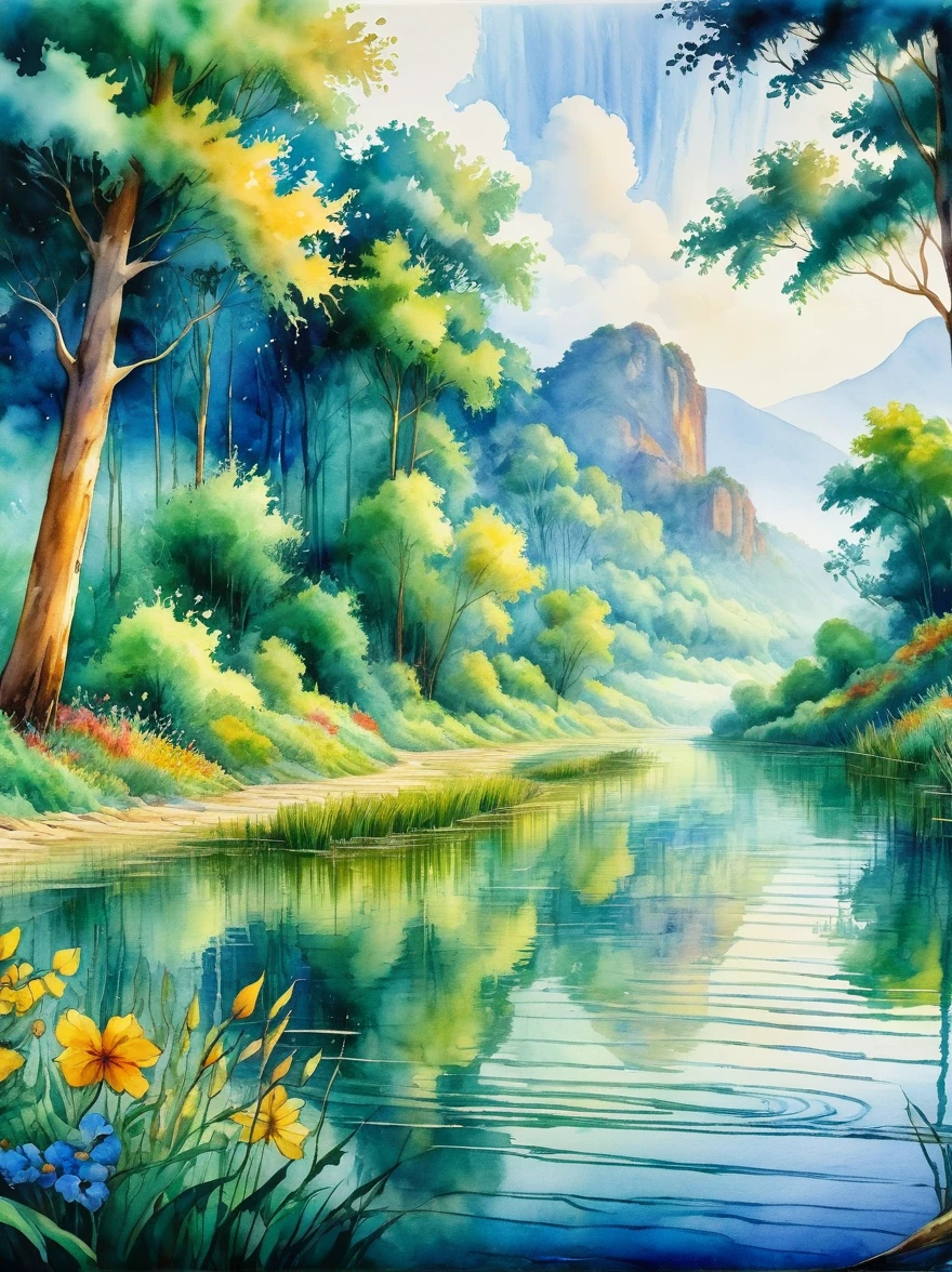 1hbgd1, A scene depicting environmental challenges with a hint of Impressionism. The artwork captures a changing landscape, On one side, it shows a healthy, lush green forest with vibrant flora, sparkling rivers, and a clear, blue sky, On the other side, the scene shifts gradually to portray the devastating effects of pollution and climate change – barren trees, grey skies, and parched lands, Captured through the loose brushstrokes and juxtaposition of vivid and dull colors characteristic of the Impressionist movement, it depicts the interaction between humans and nature, (Watercolor style:1.5)