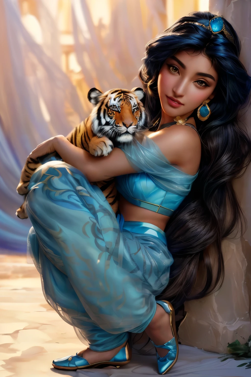 Arabian woman in blue dress holding a tiger in her arms, Disney Live Action, Princess Jasmine, Portraiture， Disney Photoreal, Disney Live Actionスタイル，Princess Jasmine，Disney Princesses，（8K，RAW Photos），（Best Quality），（Masterpiece Loose），（Realistic，）（写実的でRealistic），（High resolution），Hyper Detail，（Gentel Realism：1.1），Beautiful Face， （1 Female：1.1），High resolution), (8k), (Very detailed), (4K), (Pixiv), Perfect Face, Beautiful eyes and face, (highest quality), (Very detailed), Detailed face and eyes, (alone), Textured skin, Absurd, High resolution, (Dynamic Angle:1.3) (Dynamic Pose:1.3)