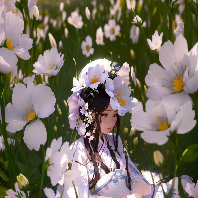 there is a woman in a dress and a hat in a field of flowers, surreal waiizi flowers, guweiz, artwork in the style of guweiz, sitting in a field of flowers, in a field of flowers, 🌺 cgsociety, surrounded flower, girl floating in a flower field, with frozen flowers around her, white hanfu, girl in flowers