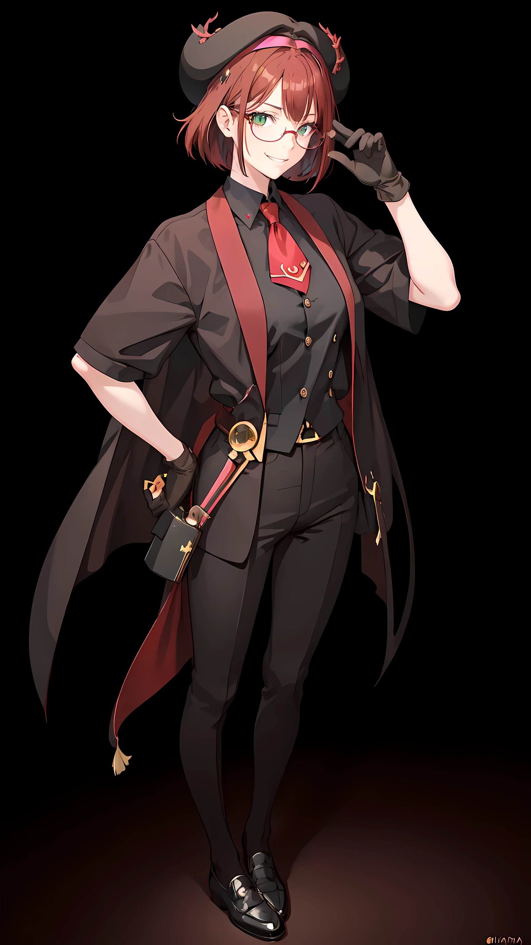 1girl, ((dark red hair)), ((brown cap)), pink flower in hair, dark green eyes, ((black glasses)),((nerdy)), white buttoned-up shirt, brown vest, black pants, wearing gloves, mole underneath eye, eccentric, yandere, medicine, anime, masterpiece, best quality, medium tits, short hair, standing tall, looking at the viewer, one hand on hip, smug smirk, gardener, from the front, full body, slender, ((Purah)), standing in a doctor's office, thin, healing magic, ((shaman)), thin legs, wearing black shoes, wearing black slacks