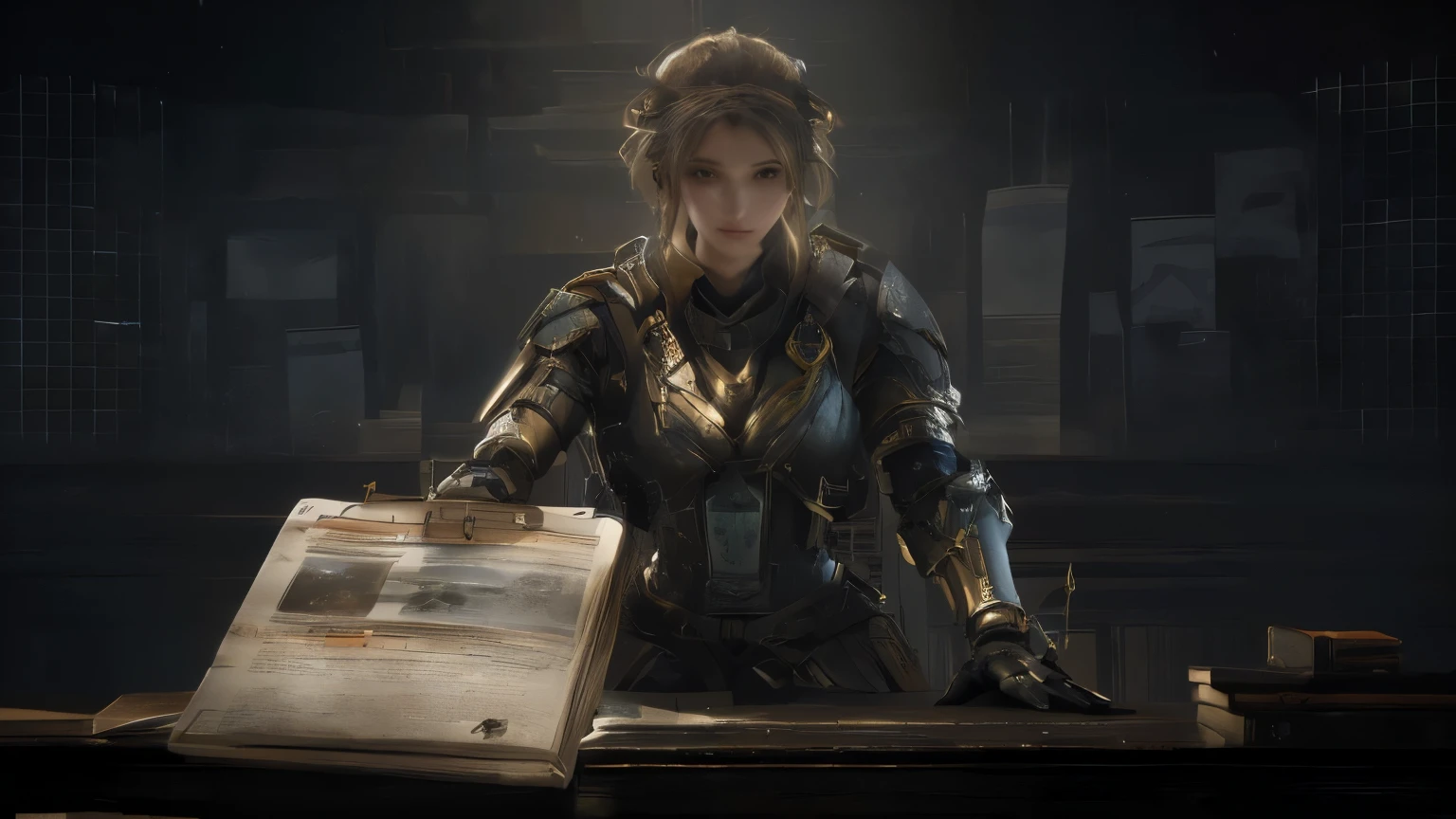 there is a woman sitting at a desk with a book, female character, epic exquisite character art, senior concept artist, stunning character art, female lead character, detailed character portrait, portrait knight female, mechanized valkyrie girl, by senior character artist, official character art, character portrait art, rpg book portrait, rpg portrait concept art, female gnome artificer