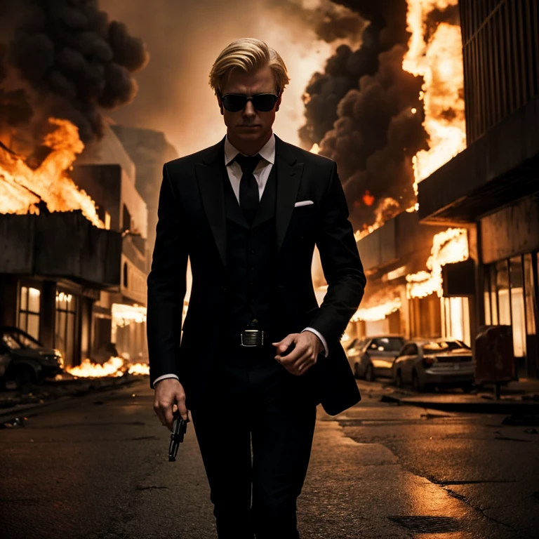 Solo blonde man in a black suit wearing shades, holding two pistols walking through a burning city. Gloomy, cinematic.