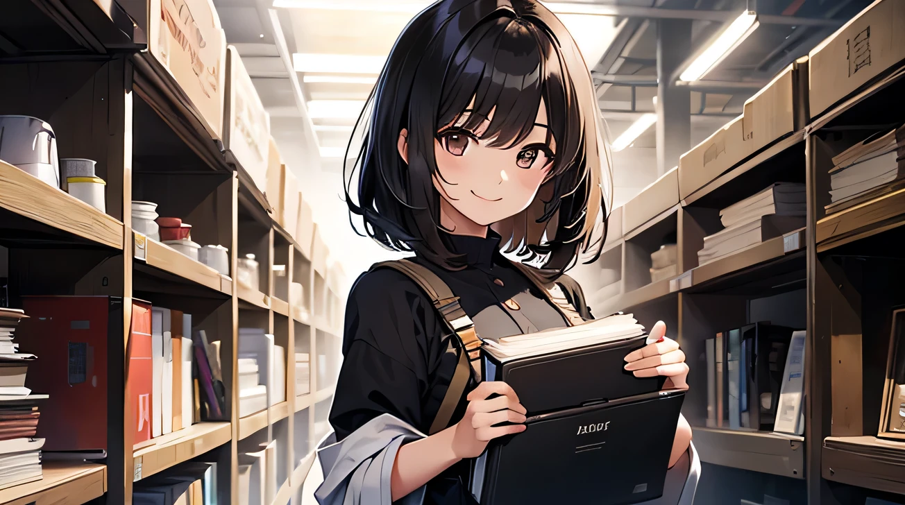 Standing with a book、woman、Age 25、smile、Black Hair、Short Hairstyles、Dark brown eyes、Upper Body、Carrier、8K