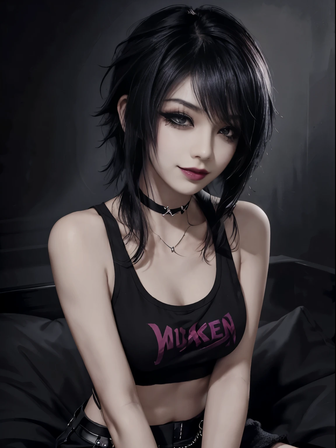 1girl, woman, emo_hairstyle, black lipstick, smug, grin, choker, cuffs, eyeliner, eye shadow, mascara, smoky eyes, realistic lighting, tank top, flat chest, .