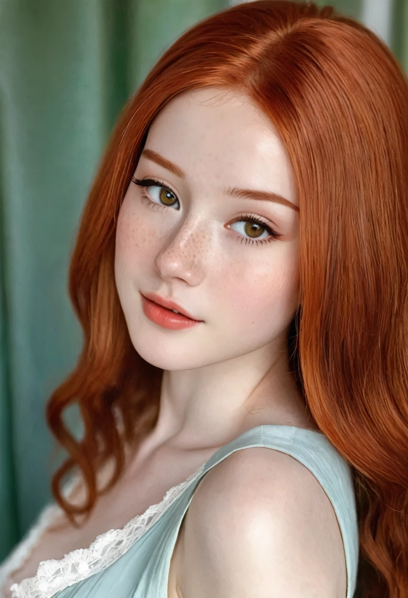 A very beautiful mixed race European Asian realistic girl, porcelain skin, most fair skin, very pale skin, red hair, freckles skin, hazel eyes, happy, unique face, detail photo, realistic photo, master piece picture, sharp picture.