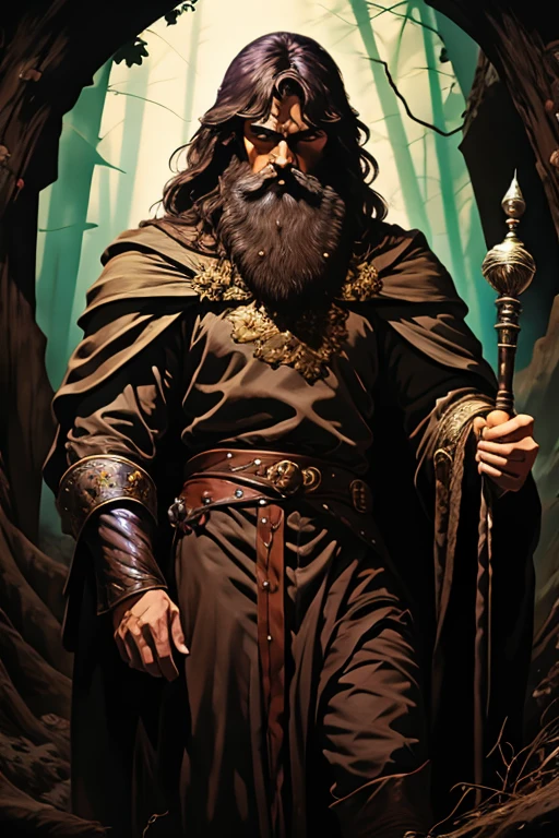 ((detailed)) 28 year-old male, brunette, trimmed beard, violet eyes, robes, battlemage, magic, staff, dark forest.