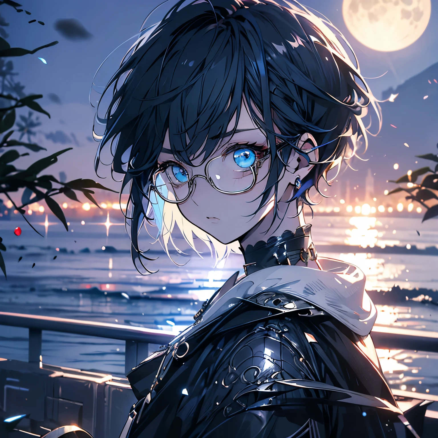 Masterpiece、Black and blue hair、Delicate eyes、Short Hair、Blue Eyes、Glasses、Serious face、night、full moon、Ocean