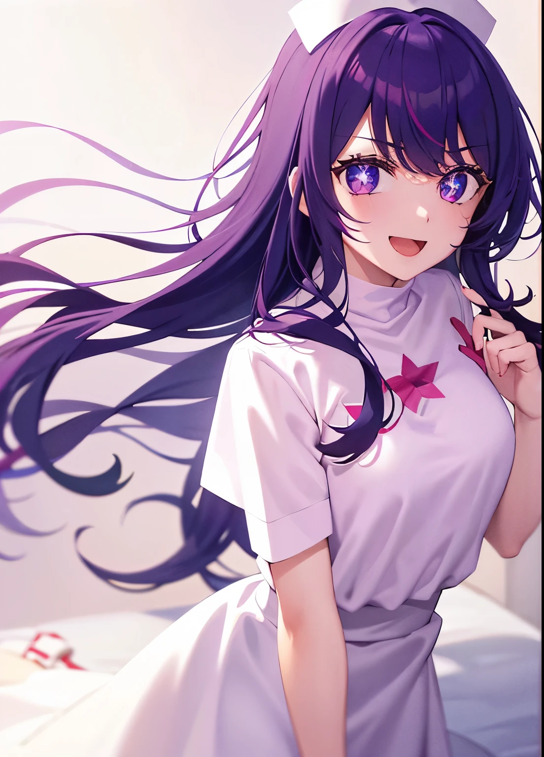 one-girl，nurses（（There is a five-pointed star in the eye））Gorgeous Hair in Long Purple，Smile，Open mouth ，nurses，hospitals，White nurse clothes，White nurse hat，looki at viewer，Blood