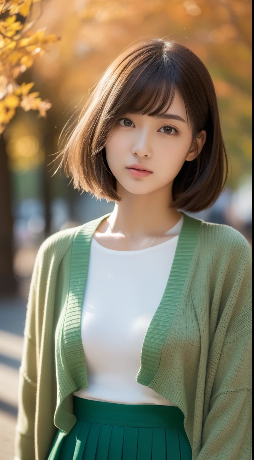 (photographed:1.2)、(Photorealsitic:1.4)、(masterpiece:1.3)、(top-quality:1.4)、超A high resolution、(A detailed eye)、(detailed facial features)、(detailed clothes features)、8K resolution、solofocus、bangss、Double eyelids、Beautiful lips、toned legs、(Slender girl)、(a japanese girl)、(Japan Faces)、1 girl in、23age、Slim Beauty:1.3、brown haired、Delicate hair、The background is a row of ginkgo trees、(((Autumn clothes、white t-shirts、Green long sleeve cardigan、long skirt)))、In the street、(Beautiful breasts:1.2)、Realistic body、de pele branca、Slim body、(short-hair:1.2)、(bangss: 1.2)、Bruises and ugly face、kawaii faces、Lifelike face、Delicate body、((sexy pose))、stunning lighting