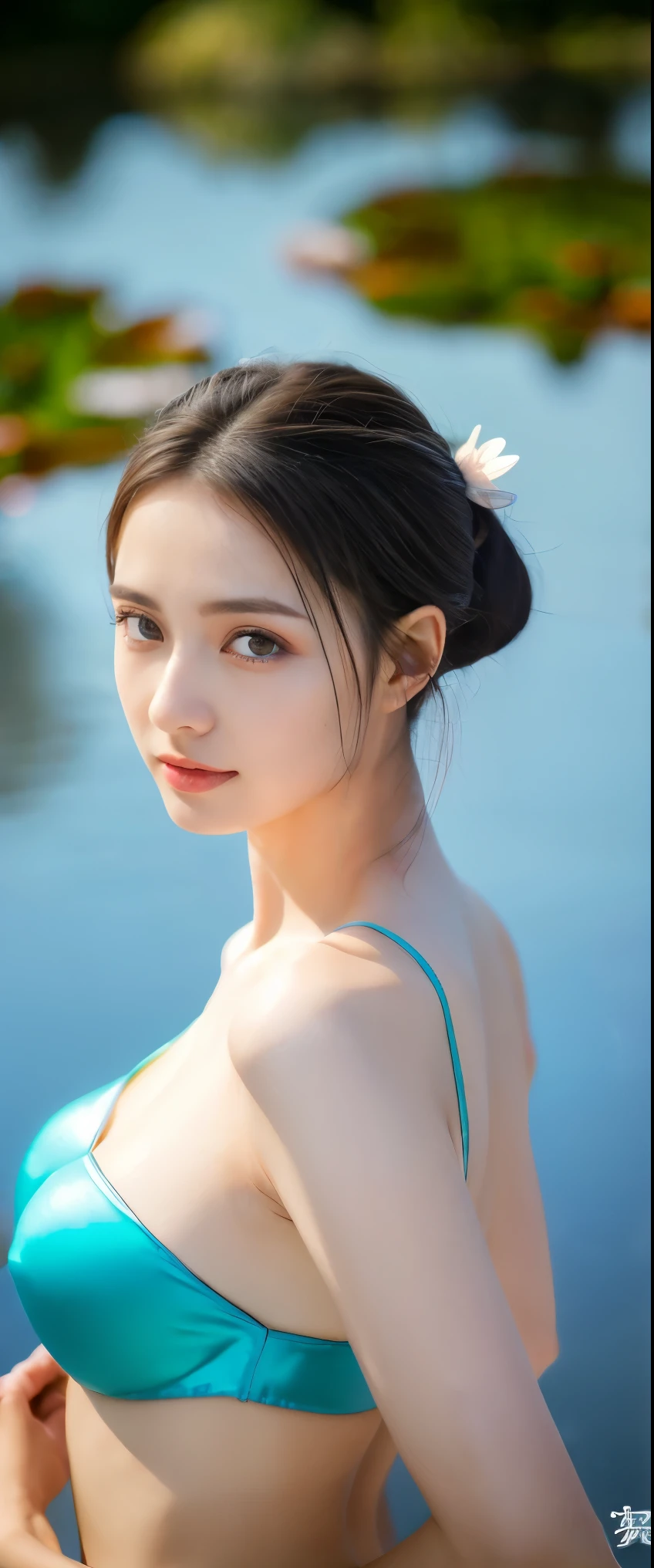masterpiece、best quality、超high resolution、Realistic skin texture、Reality、high resolution、original photo、shiny skin、Realistic skin texture、Optimal lighting、shine、Dramatic Lighting、Dynamic poses、Lotus、pond、1 Girl、Balanced Eyes、Wearing Chinese Hanfu、Ponytail、blue eyes、Look at the audience、 Large Breasts、Big Ass、