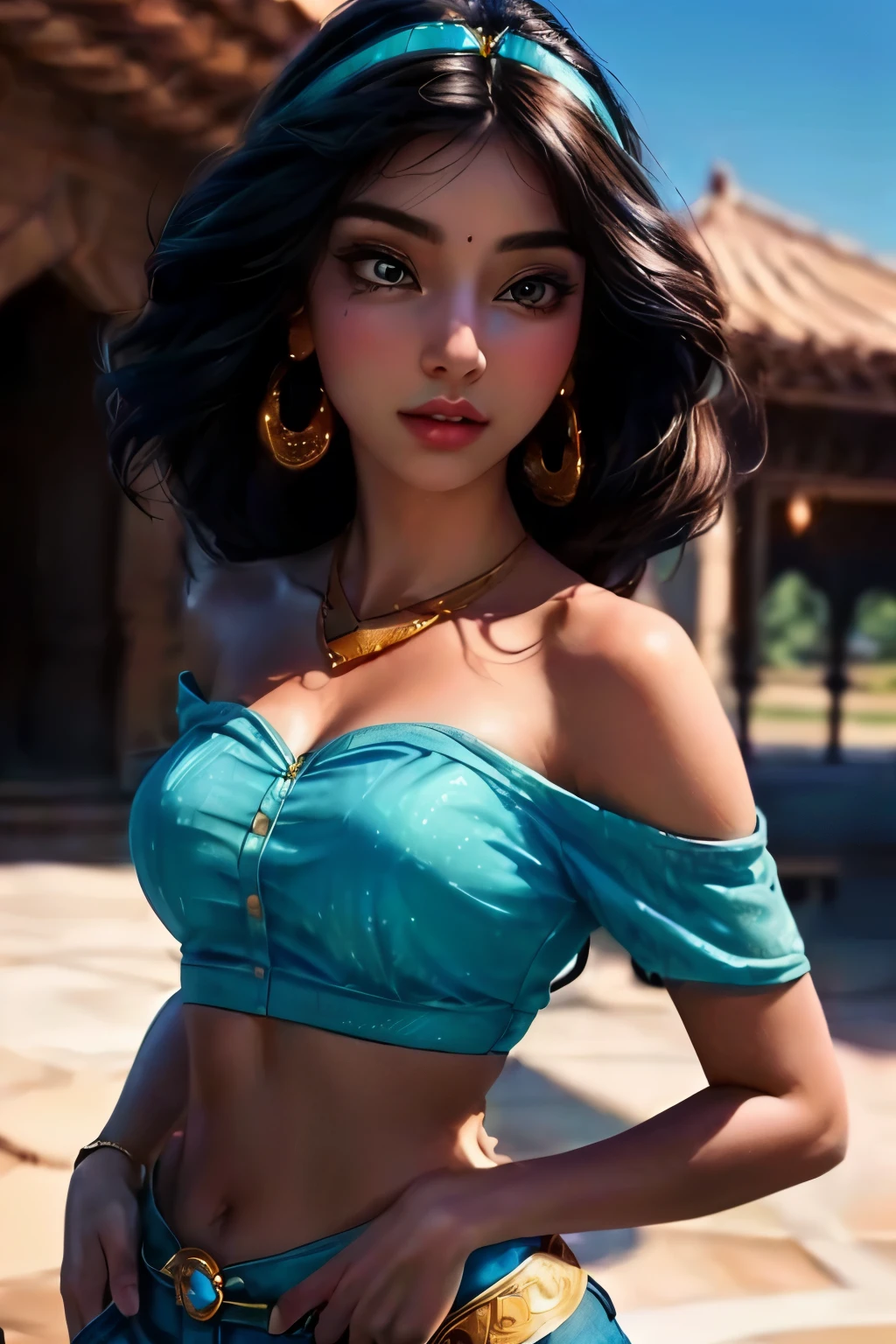 Woman wearing a blue top and jeans taking a photo, Beautiful character drawings, Princess Jasmine, Photorealistic Disney, Alena Aenami and Artgerm, Ross Tran style, Amazing character art, Gweiz-style artwork, Beautiful digital art, Gorgeous digital painting, Disney Prince，Princess Jasmine，Realistic，（8K，RAW Photos），（Best Quality），（Masterpiece Loose），（Realistic，）（写実的でRealistic），（High resolution），Hyper Detail，（Gentel Realism：1.1），Beautiful Face， （1 Female：1.1），High resolution), (8k), (Very detailed), (4K), (Pixiv), Perfect Face, Beautiful eyes and face, (highest quality), (Very detailed), Detailed face and eyes, (alone), Textured skin, Absurd, High resolution, (Dynamic Angle:1.3) (Dynamic Pose:1.3)