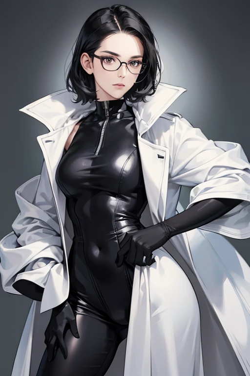 A mature female doctor with glasses and black hair in a white coat, wearing a black enamel catsuit and black enamel gloves, holding the patient's penis while smiling fearlessly in a hospital room