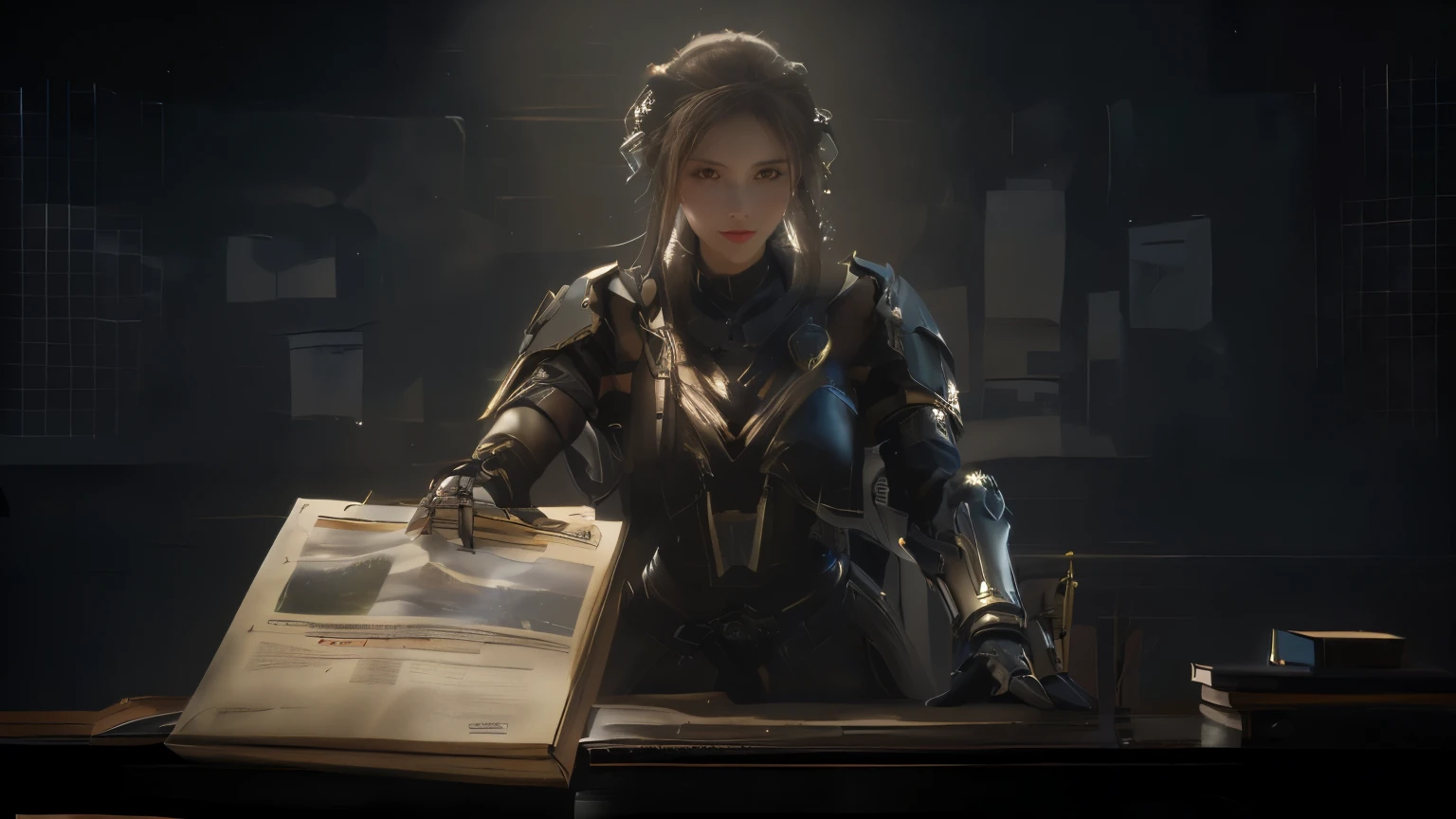 there is a woman sitting at a desk with a book, female character, epic exquisite character art, senior concept artist, stunning character art, female lead character, detailed character portrait, portrait knight female, mechanized valkyrie girl, by senior character artist, official character art, character portrait art, rpg book portrait, rpg portrait concept art, female gnome artificer