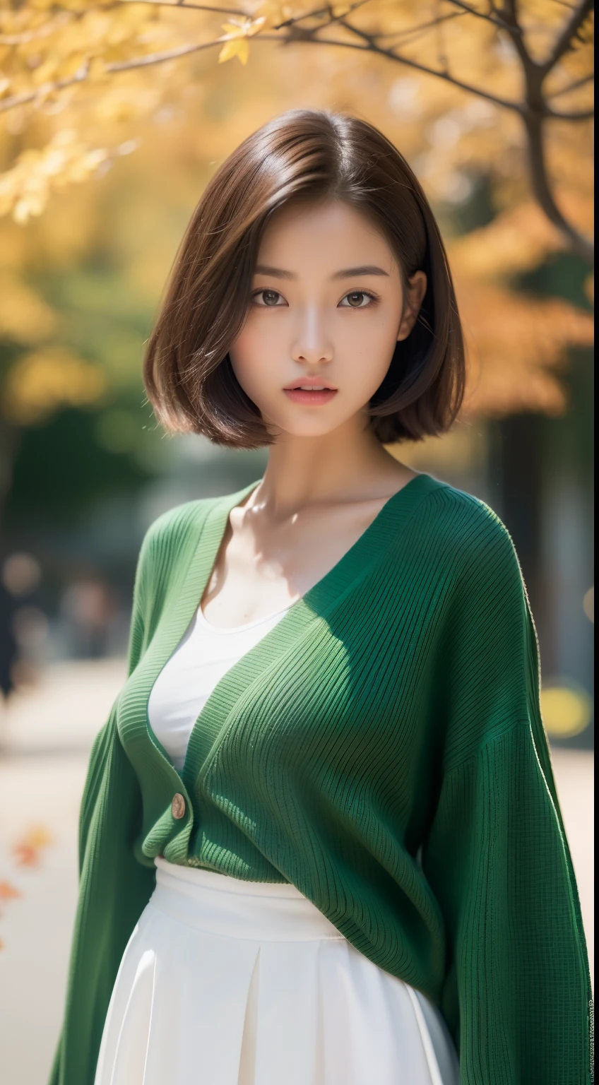 (photographed:1.2)、(Photorealsitic:1.4)、(masterpiece:1.3)、(top-quality:1.4)、超A high resolution、(A detailed eye)、(detailed facial features)、(detailed clothes features)、8K resolution、solofocus、bangss、Double eyelids、Beautiful lips、toned legs、(Slender girl)、(a japanese girl)、(Japan Faces)、1 girl in、23age、Slim Beauty:1.3、brown haired、Delicate hair、The background is a row of ginkgo trees、(((Autumn clothes、white t-shirts、Green long sleeve cardigan、long skirt)))、In the street、(Beautiful breasts:1.2)、Realistic body、de pele branca、Slim body、(short-hair:1.2)、(bangss: 1.2)、Bruises and ugly face、kawaii faces、Lifelike face、Delicate body、((sexy pose))、stunning lighting
